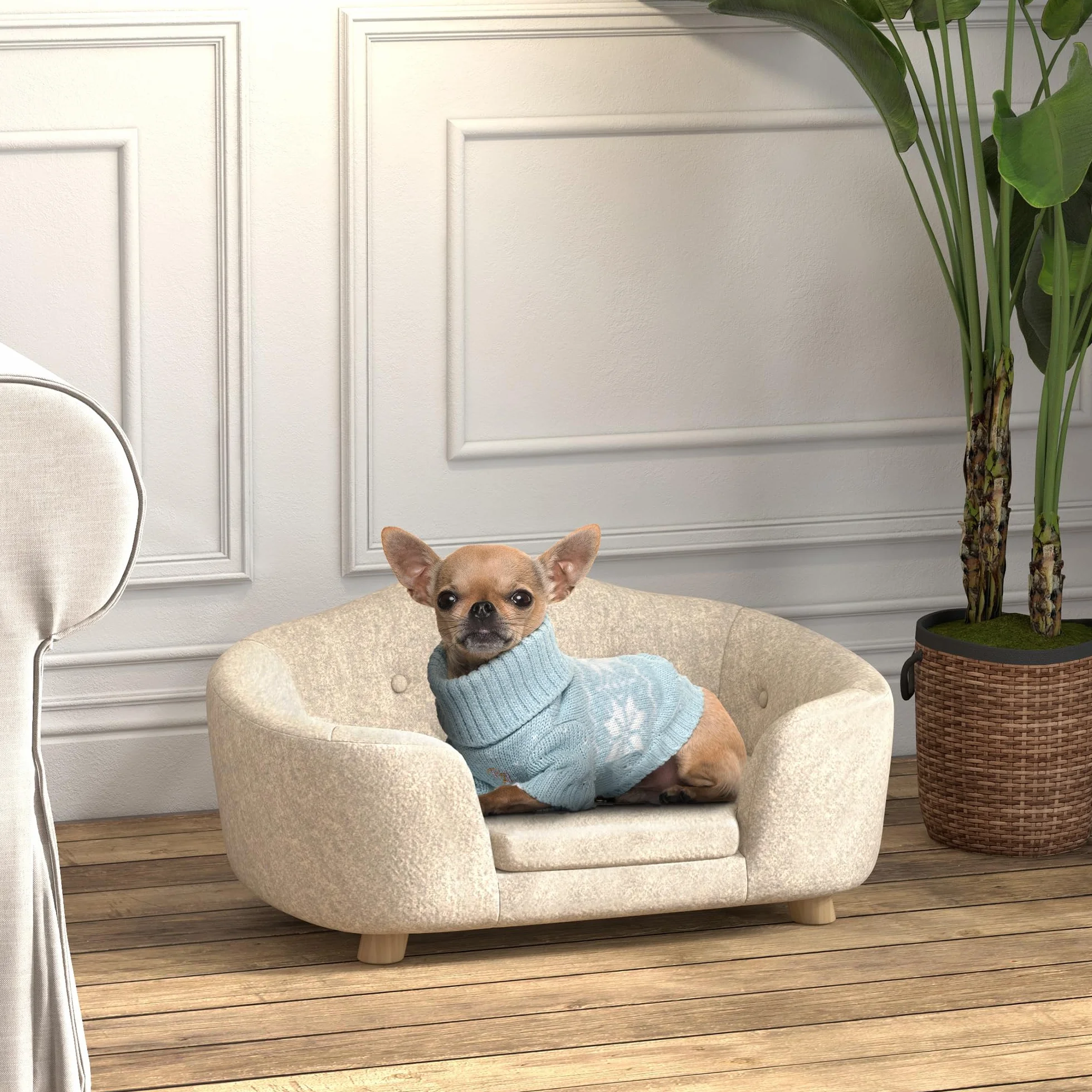 PawHut Divano per animali domestici, letto per cani, divano per cani, divano con cuscino, tasca posteriore in peluche, in legno di pino bianco, 70 x 47 x 30 cm