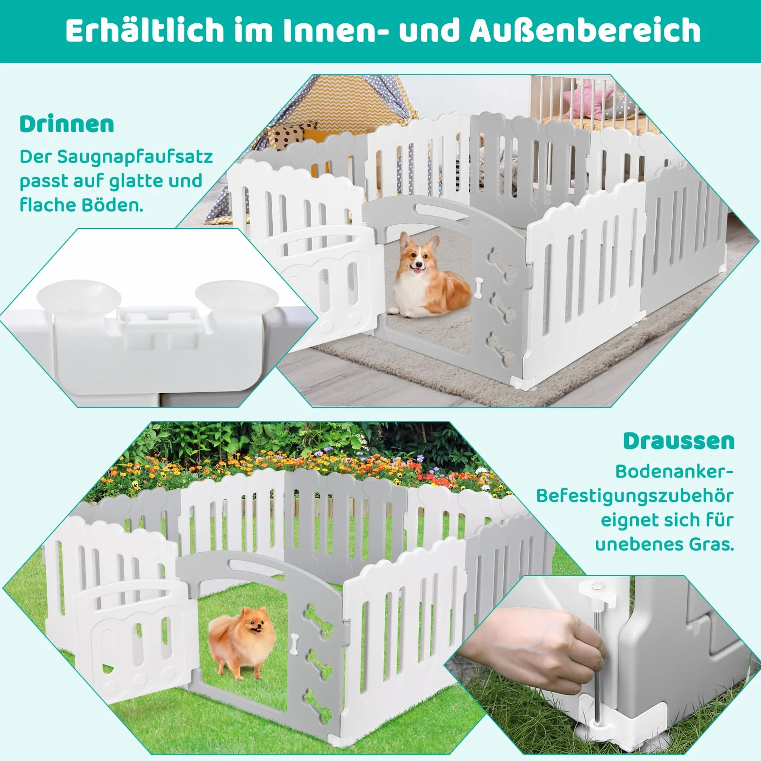 MAMIZO Recinto per Cani Interno Esterno 60cm, Box Cani 7+1 Pannelli Pieghevole, Recinto Gatti Plastica con Cancello, Grigio-Bianco