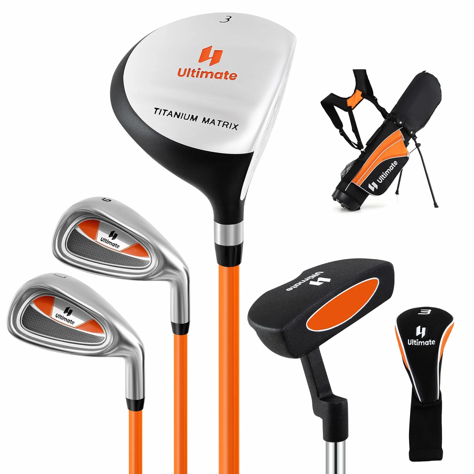 COSTWAY Set Completo di Mazze da Golf per Bambini, Inculude Fairway 3, Ferri 7 e 9, Putter, Copritesta, Borsa Portatile e Cappuccio Antipioggia, Set da Golf per Destrimano