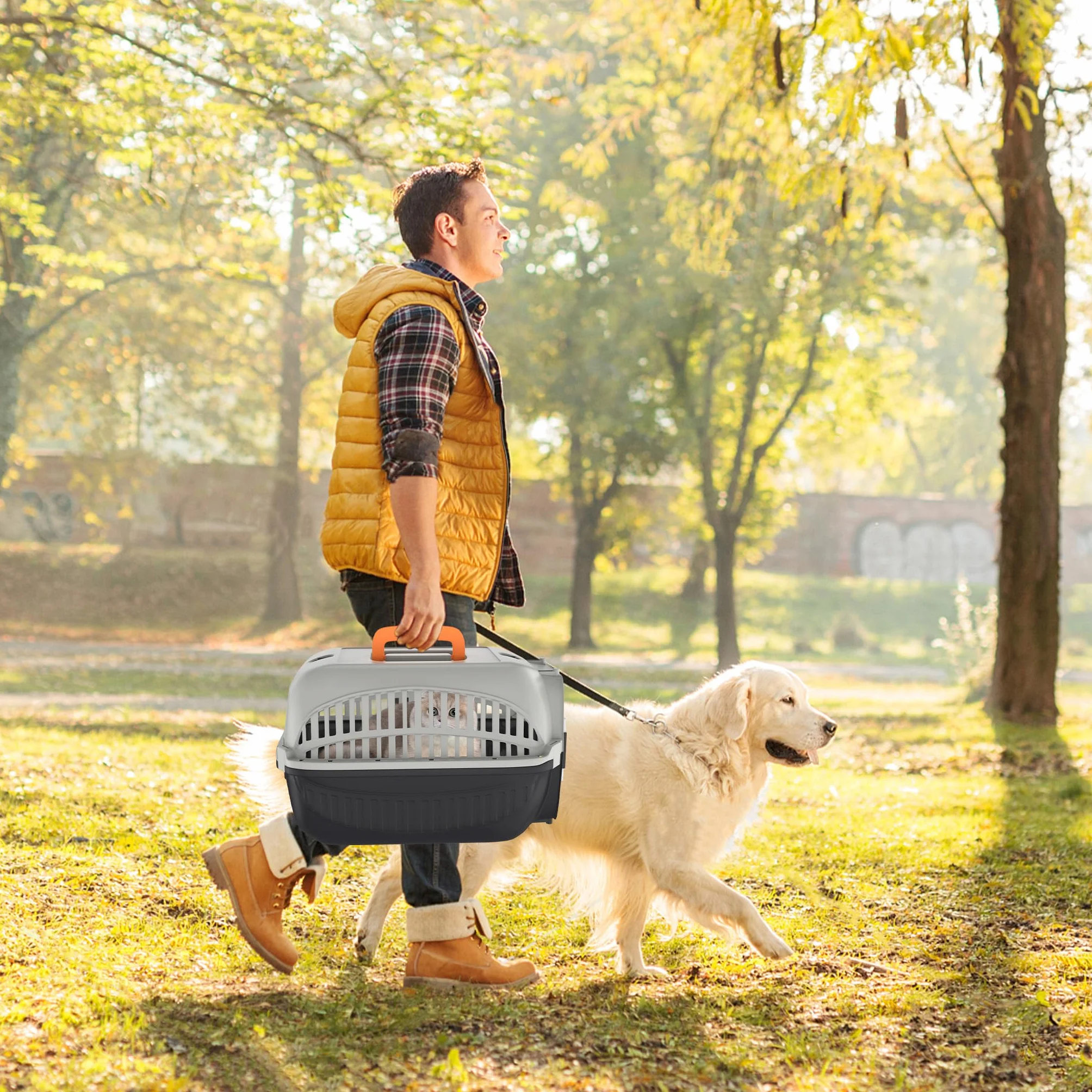 FIVMEN Trasportino per cani e gatti, 48 x 32 x 32 cm, in plastica con porta in ferro e prese d'aria