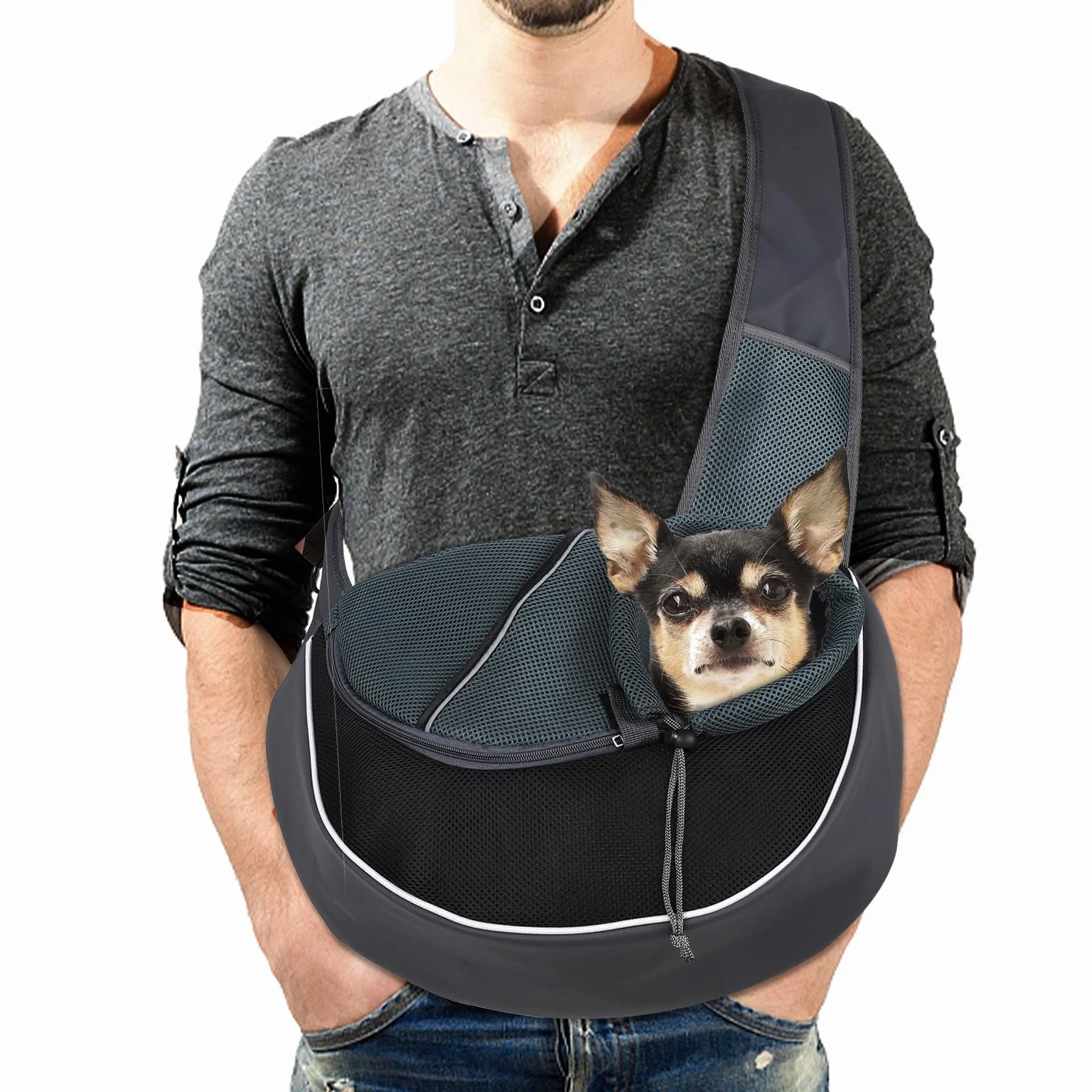 Borsa da Viaggio per Cani Piccola Taglia 6kg, Regolabile Borsa a Tracolla per Animali, Mano Libera Marsupio per Cani, Trasportino per Cuccioli in Rete Traspirante per Passeggiate (Nero)