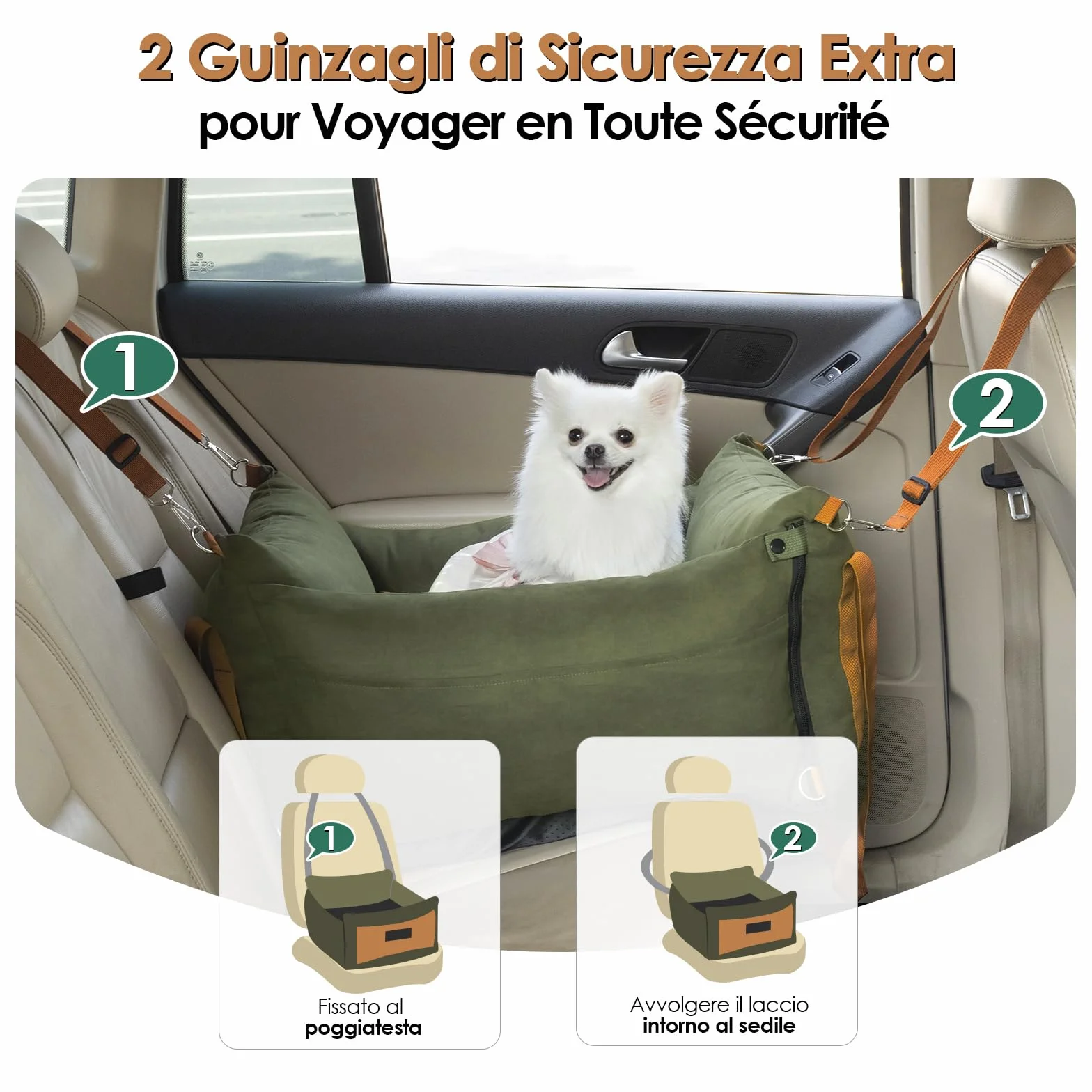 Seggiolino auto per cani di piccola taglia sotto i 15 kg, per cani di piccola taglia con zona di riposo allungabile, rimovibile e lavabile, cuccia per cani con scomparti e cintura di sicurezza
