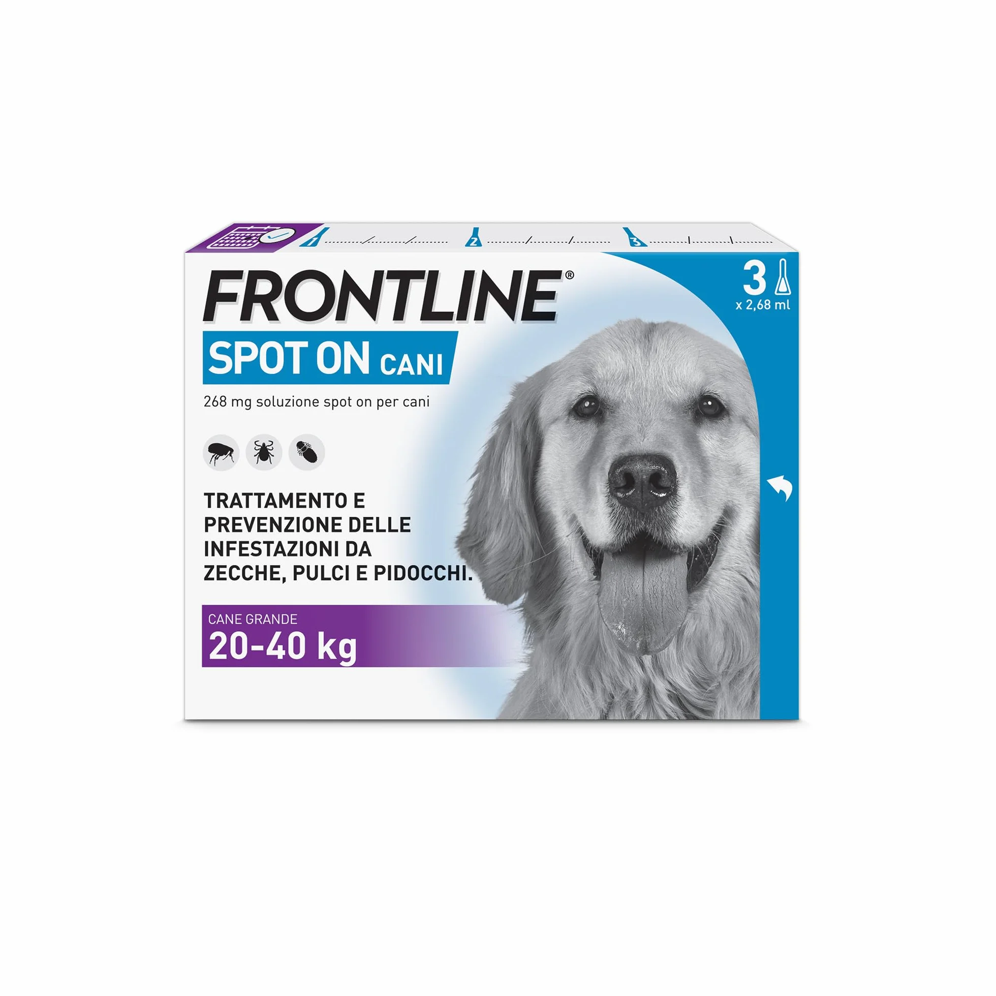 FRONTLINE Spot On, 3 Pipette, Cane Taglia L, 20-40 kg, Antiparassitario per Cani e Cuccioli di Lunga Durata, Protegge da Zecche, Pulci e Pidocchi, Antipulci in Confezione da 3 Pipette