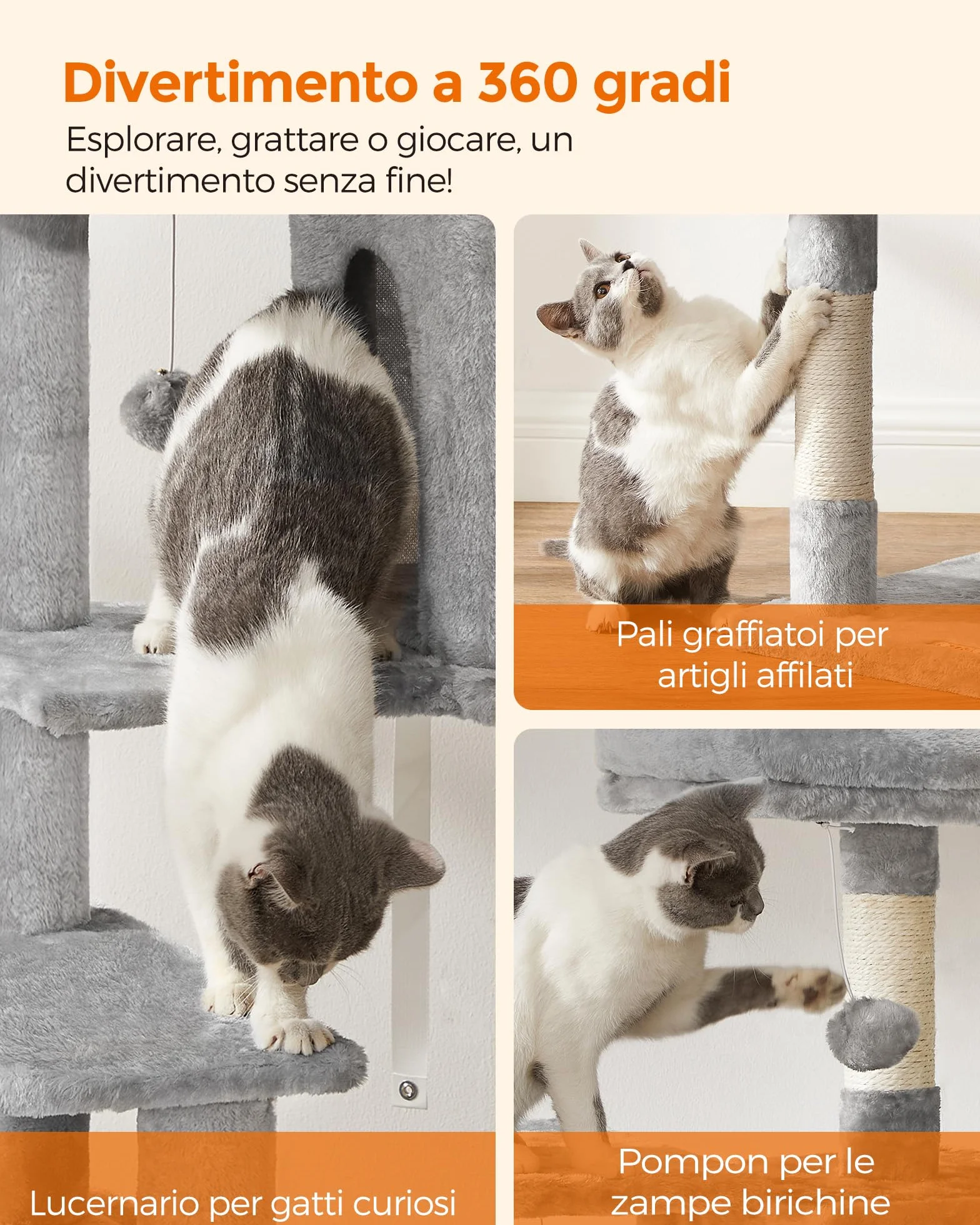 Feandrea Albero per Gatti Alto 143 cm, Tiragraffi per Gatti, con 4 Pali Graffiatoi, 2 Posatoi, 1 Grotta, 1 Amaca, 2 Pompon, in Peluche a Più Livelli, Grigio Chiaro PCT161W01
