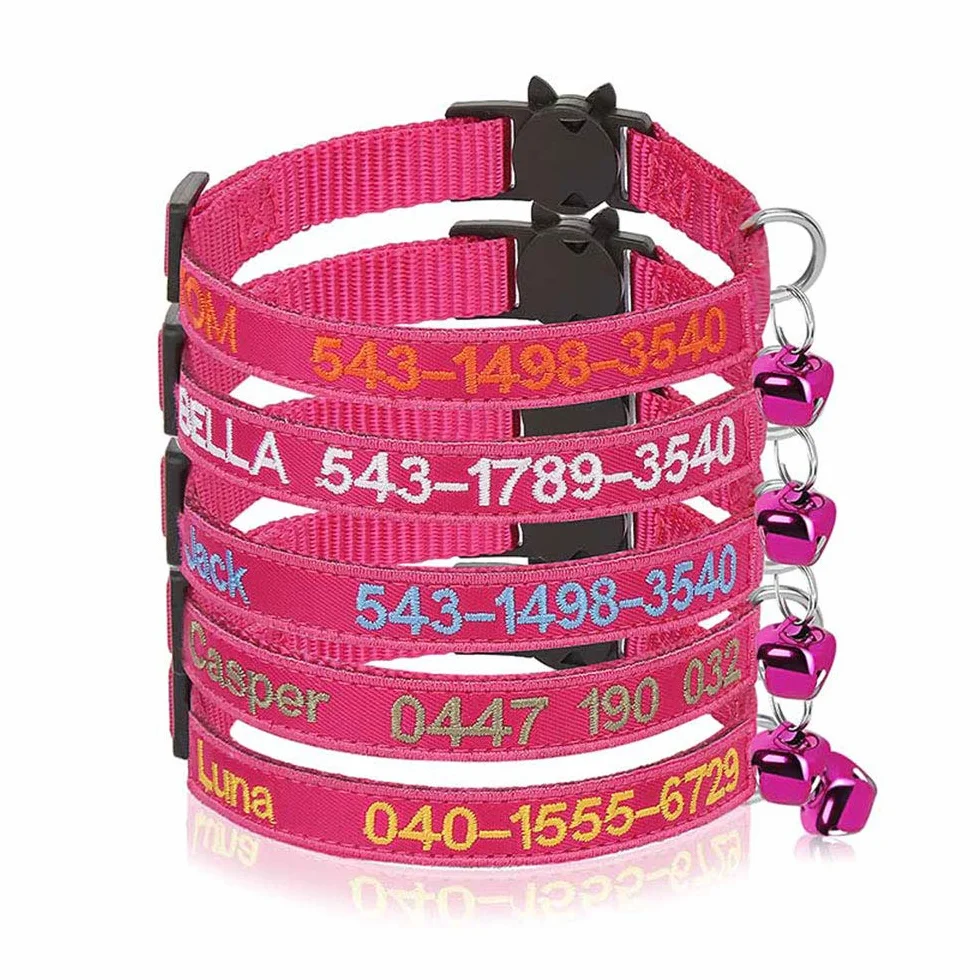 Collare per gatto personalizzato Breakaway con campana, fibbia di sgancio di sicurezza collare per gatto personalizzato, nome identificativo ricamato sul collare per gattino con campana (Rosa rossa)