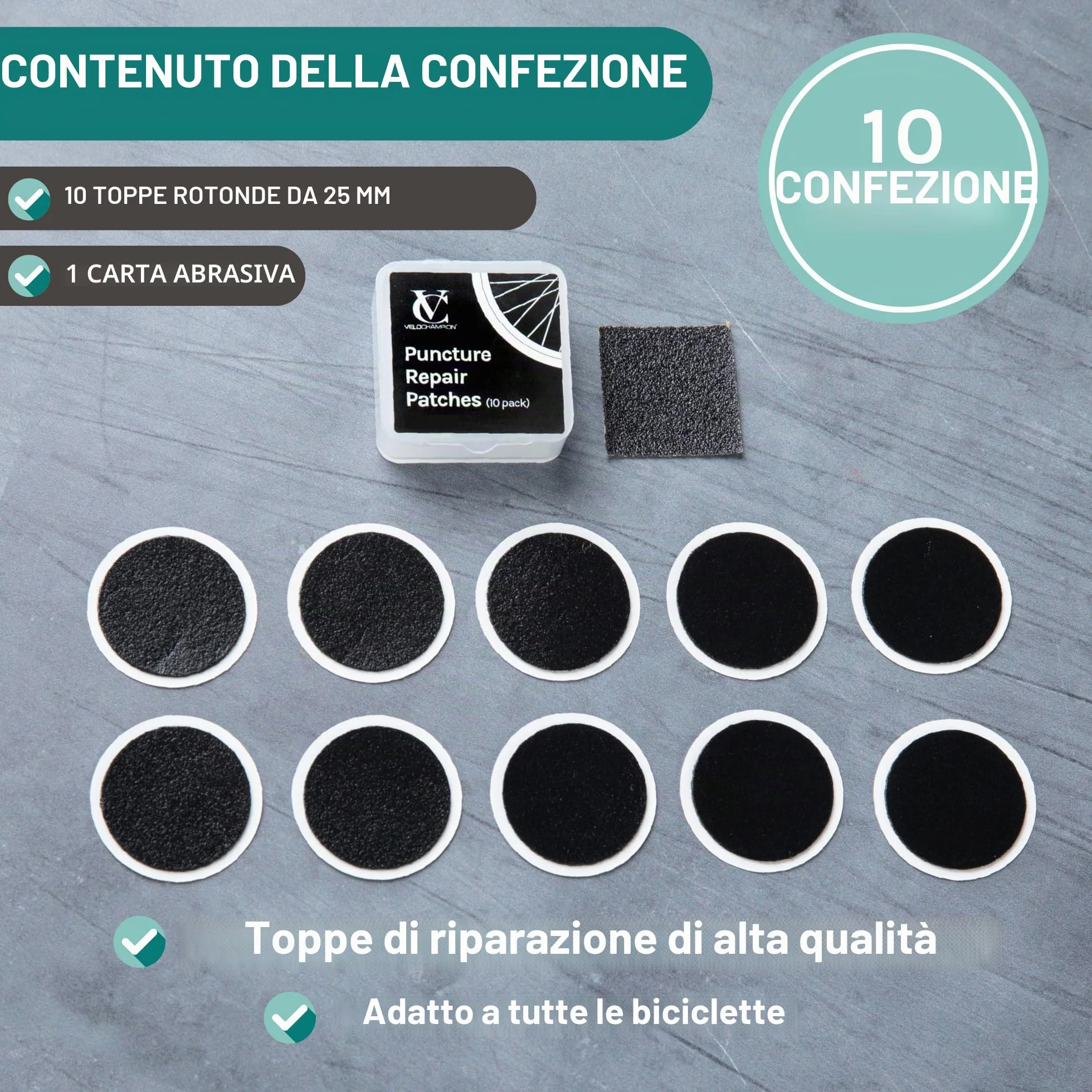 VeloChampion Kit Riparazione Forature per Bicicletta con Toppe Autoadesive e Leve Smontacopertoni a Scelta. Kit Antiforatura per Bici da Strada, MTB ed e-Bike.