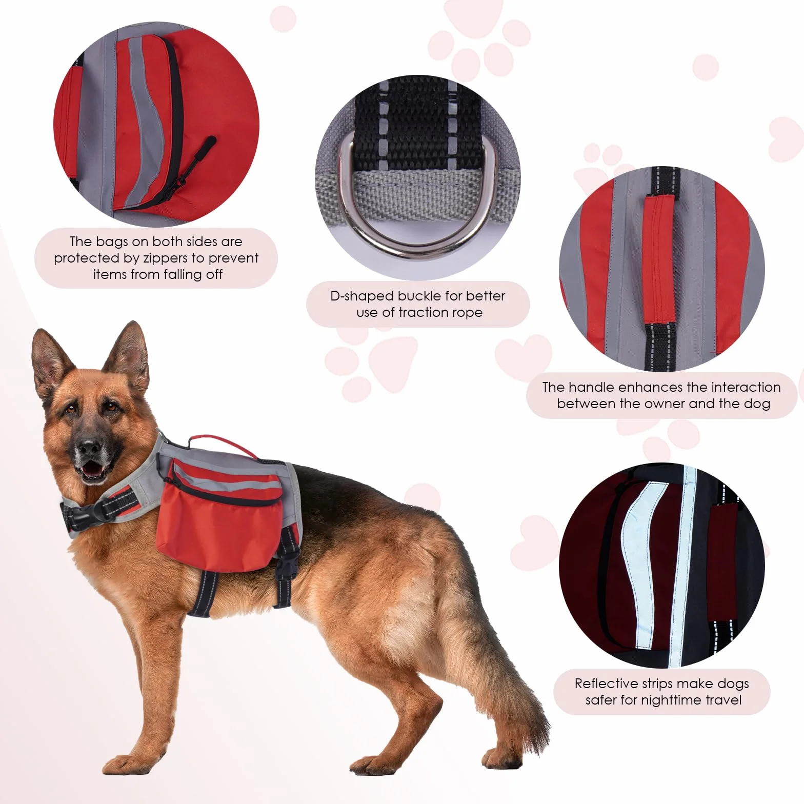 DENTRUN Zaino per cani con tasca laterale e tracolla regolabile, perfetto per viaggi con cani, escursioni e uso quotidiano