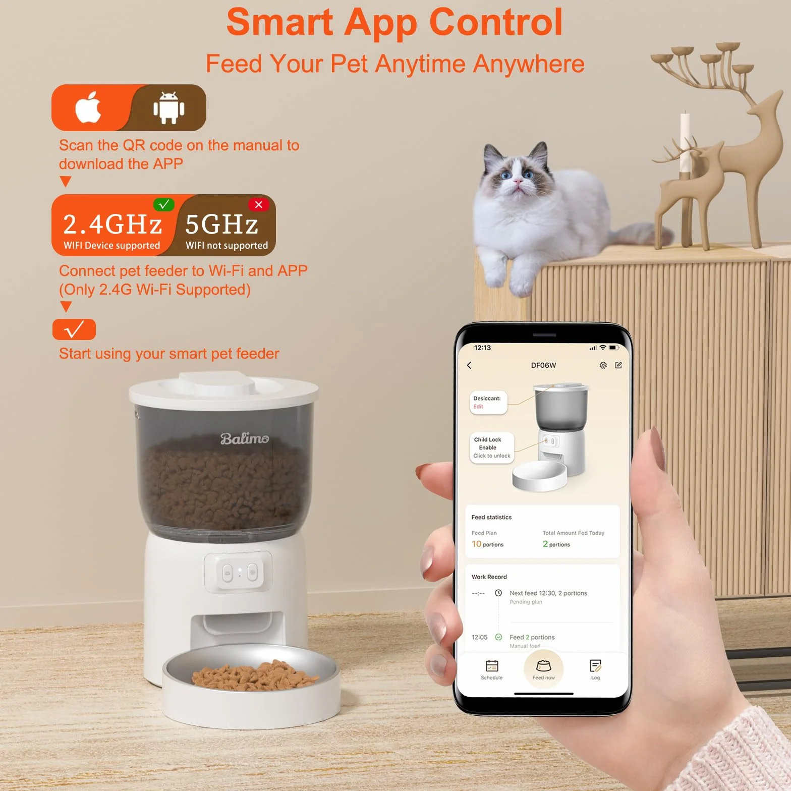 Balimo Distributore Automatico Cibo Gatti, 2.4G WiFi Dispenser Crocchette Gatto, 3L Distributore Automatico Cibo Cani, Adatto Controllo App, Da 1 a 10 Pasti al Giorno, Adatto Per Cani e Gatti, Bianco