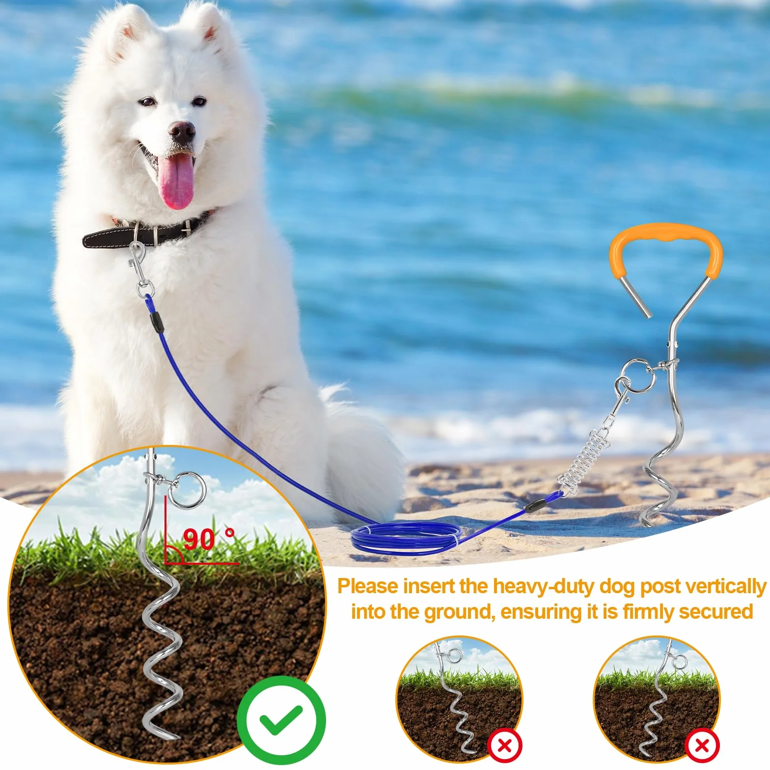 Cavo e paletto per cani, lunghezza 42 cm, diametro 9 mm, corda da addestramento per cani da 3 m con gancio girevole e molla ammortizzante, picchetti solidi per terra, per campeggio all'aperto in