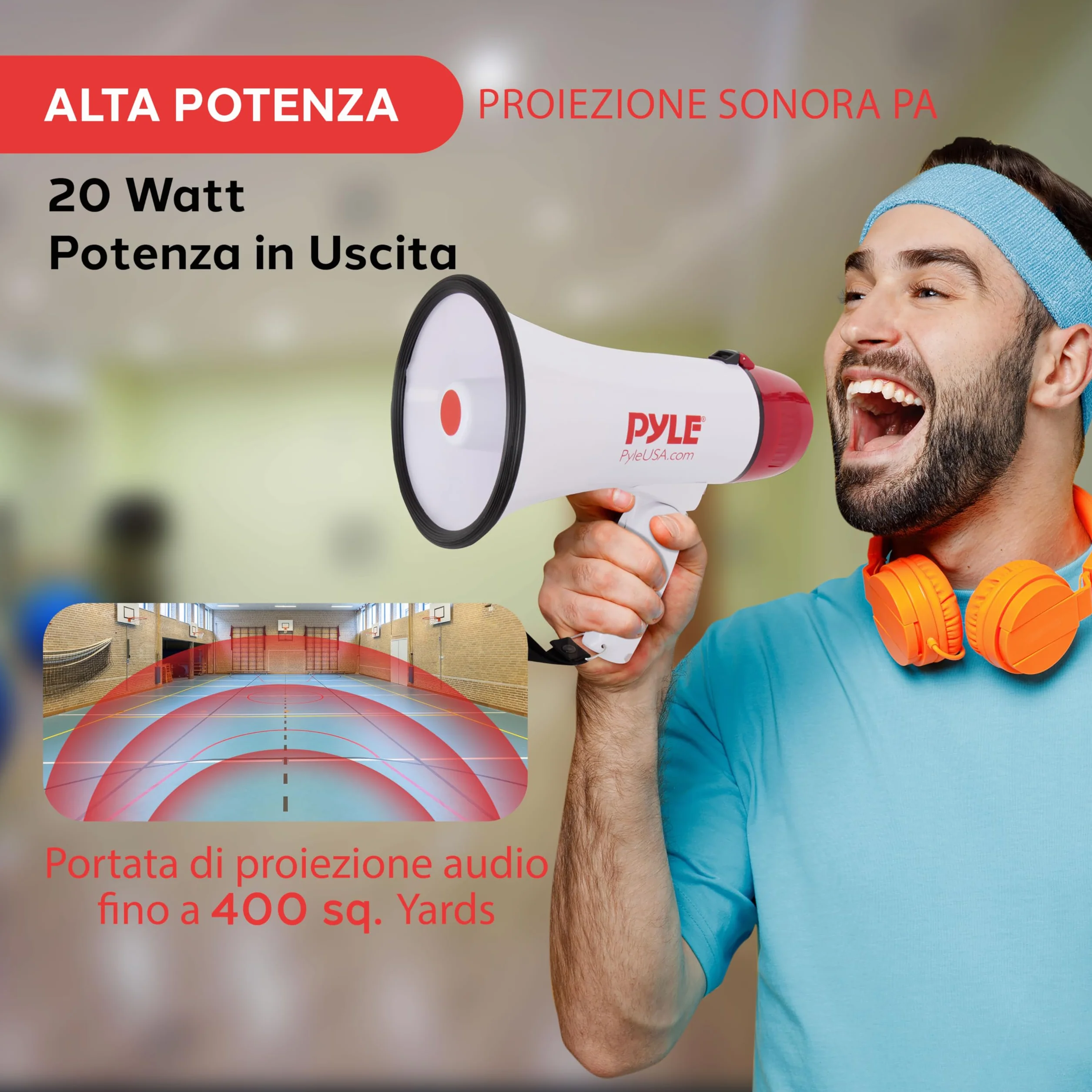 Pyle Megafono PA Bullhorn, Megafono Portatile 20 Watt e Controllo Volume Regolabile con Sirena Integrata & Portata di 730 Metri per Sport e Sicurezza