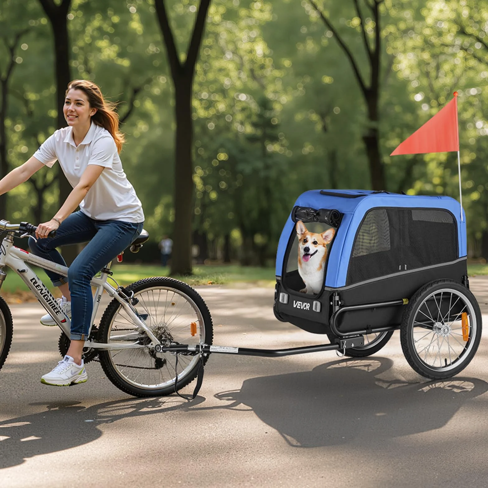 VEVOR Rimorchio per Bici per Cani, Supporta Fino a 30 kg, Carrello Portabici, Telaio Pieghevole con Ruota a Sgancio Rapido, Attacco Universale per Bicicletta, Riflettore, Bandiera Guinzaglio Interno