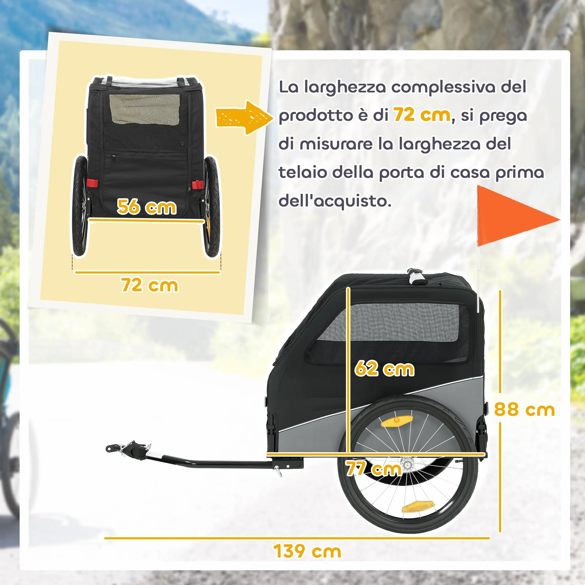 PawHut Rimorchio Bici per Cani Pieghevole con Ruote Gonfiabili a Sgancio Rapido, Ampie Finestre, Carrello Bicicletta Cani Media 20 kg, Catarifrangenti, Guinzaglio, Bandierina, Metallo e 600D Oxford