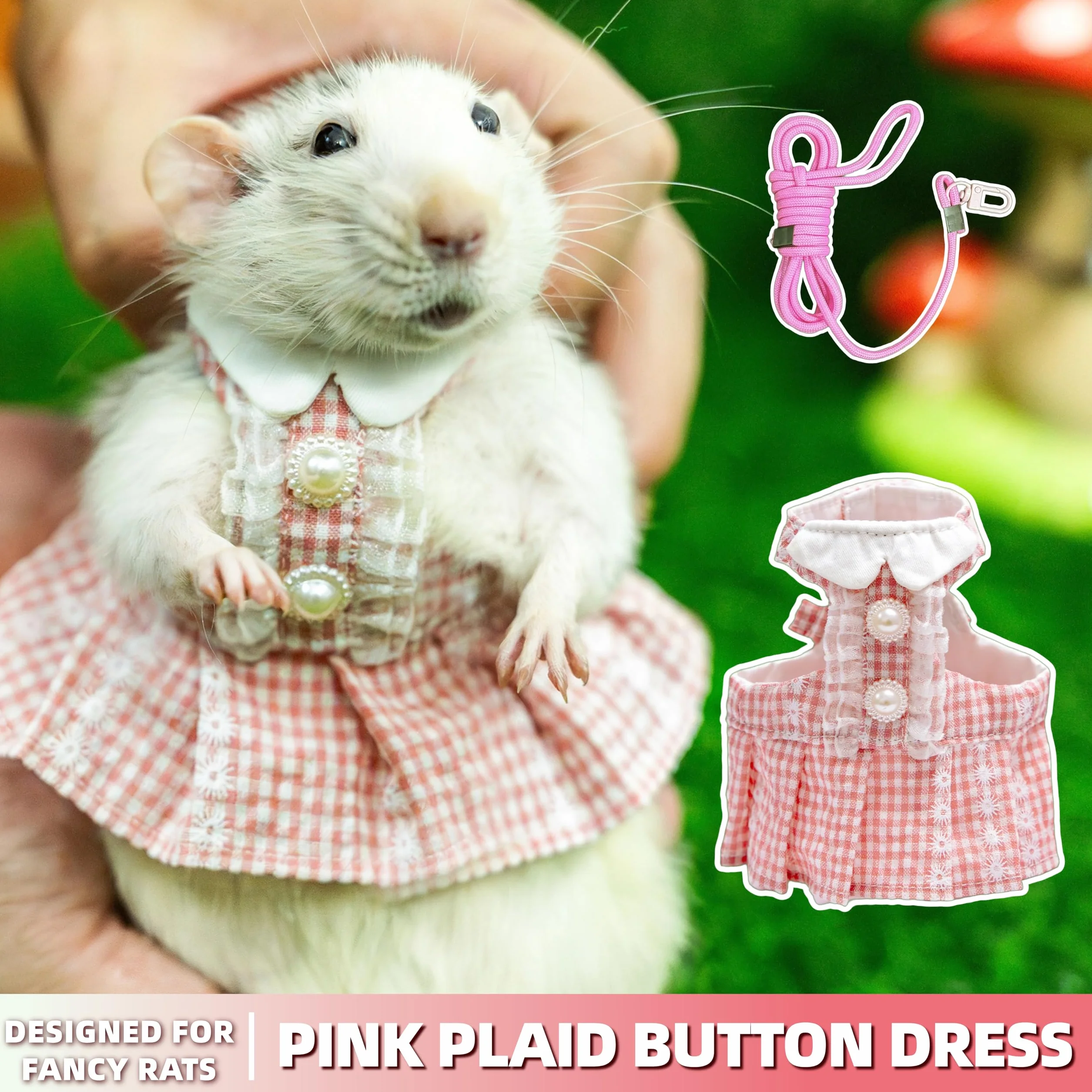 SMOLKITH Abbigliamento per Ratti Domestici, Vestito Rosa a Quadri Taglia L Regolabile con Guinzaglio