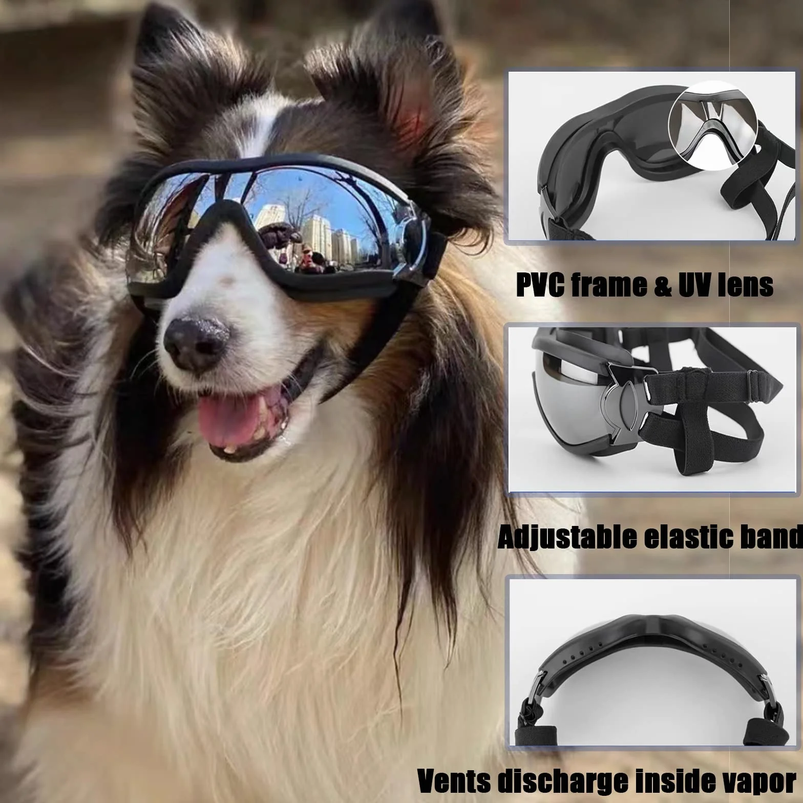 Occhiali per cani, occhiali da sole per cani con cinturino elastico, occhiali UV per animali domestici, proteggono gli occhi del cane da raggi UV, vento, polvere nebbia, razza media/grande