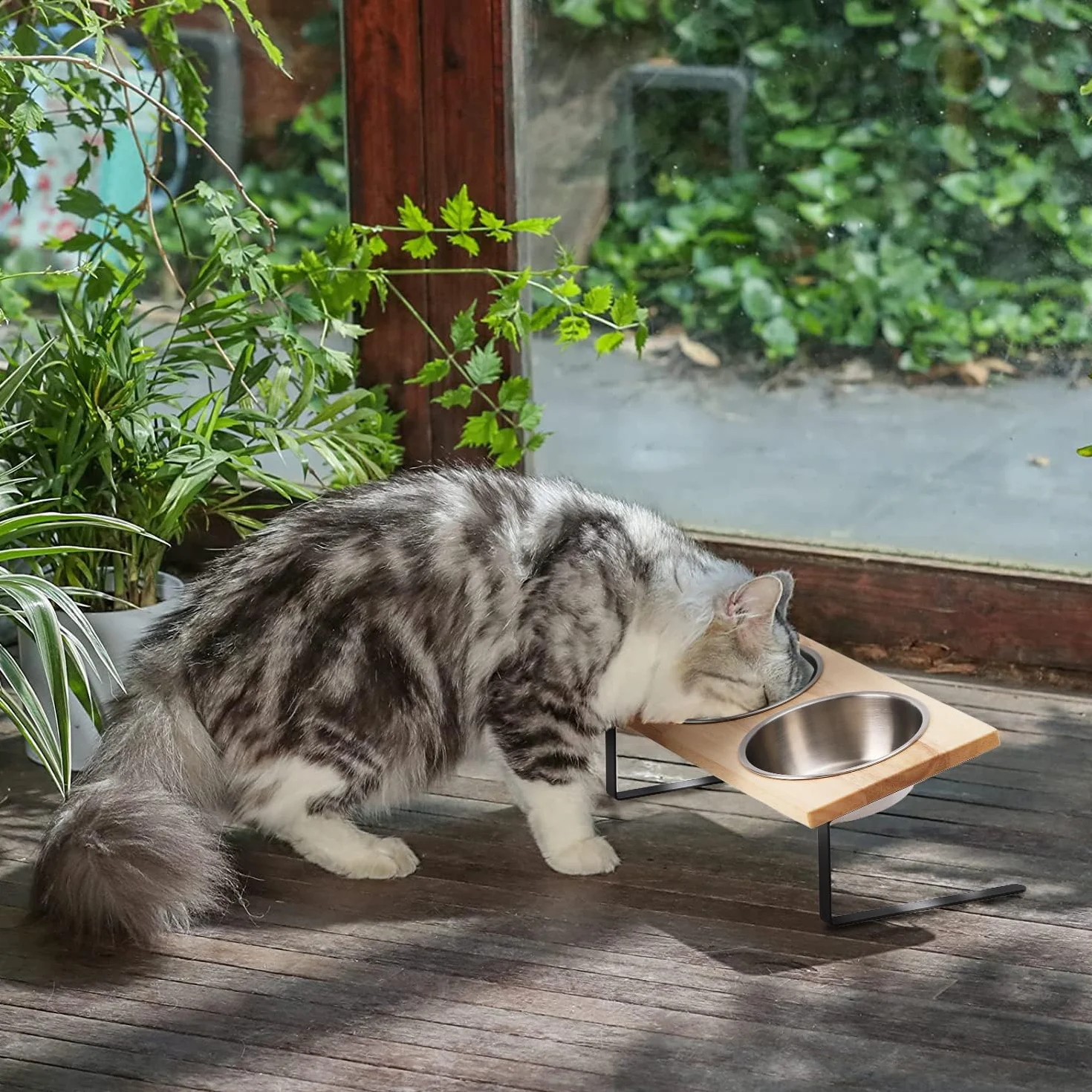 FUKUMARU 2 Pack Ciotole Per Cani e Gatti Rialzate, Ciotola Gatto Cane Doppia in Acciaio Inox Inclinato di 15°, Ciotole Per Cibo e Acqua Rialzate Con Bordo in Gomma.Per Animali Domestici.14CM