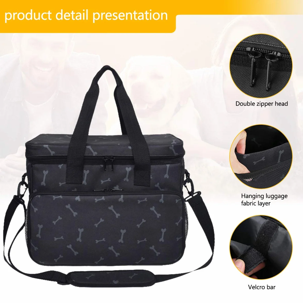 Zwini Borsa da viaggio per cani lavabile Borsa termica con scomparti, alimentatore pieghevole e bevitore (nero)