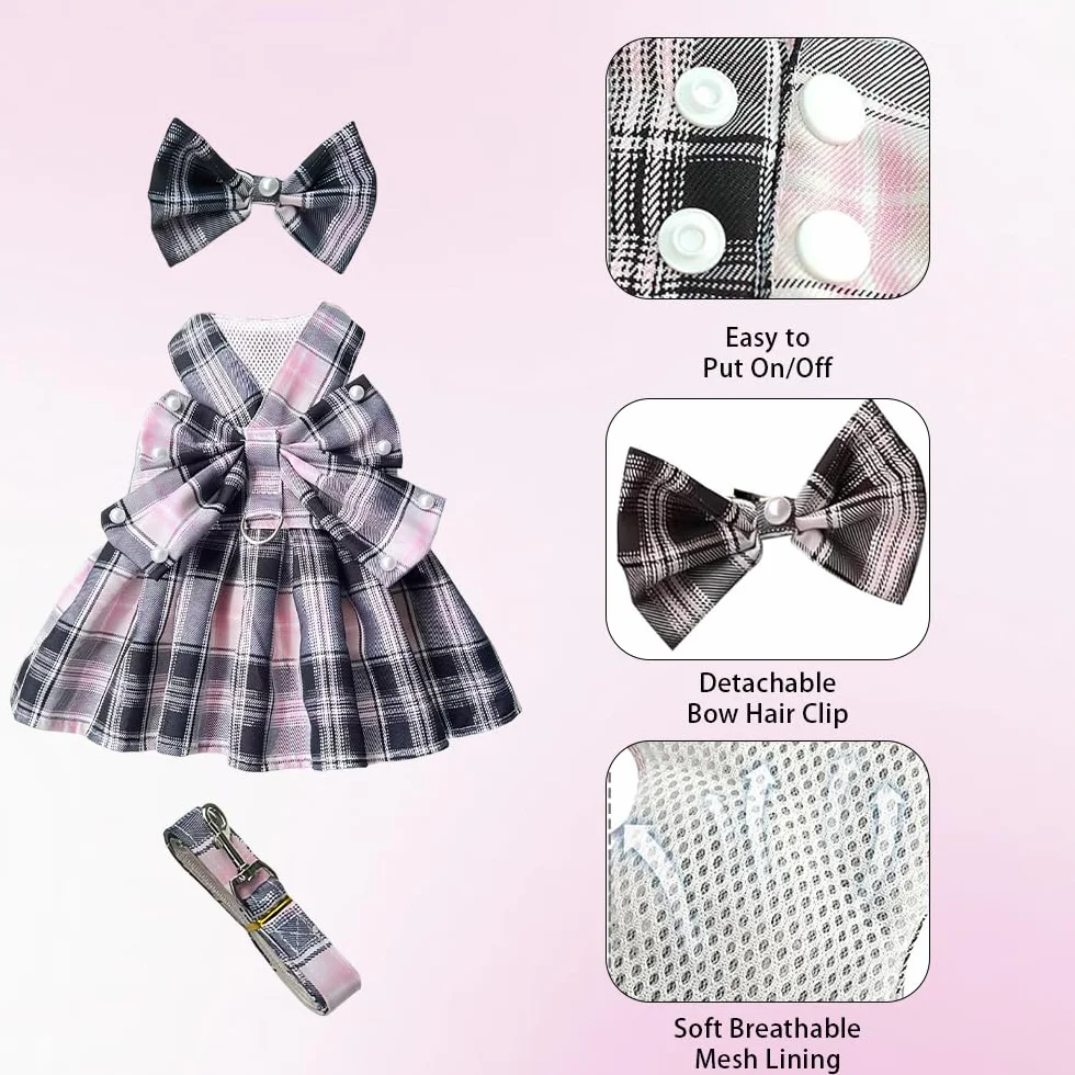 Vestiti per Cani Eleganti in Tartan Rosa e Nero con Fiocco Abiti per Cani Matrimonio Pet Clothes di Alta Qualità per Occasioni Speciali per Piccolo Medio Grande (L)