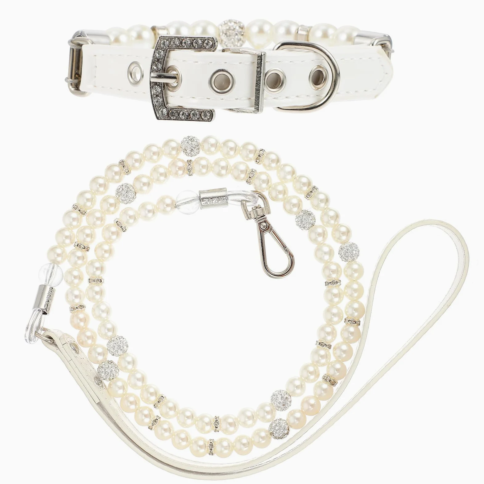 ibasenice Set Collare e Guinzaglio per Cane 2 Pezzi in Pelle Pu Bianco, Collare Regolabile Perle Finte, Flessibile, per Feste e Foto Cuccioli