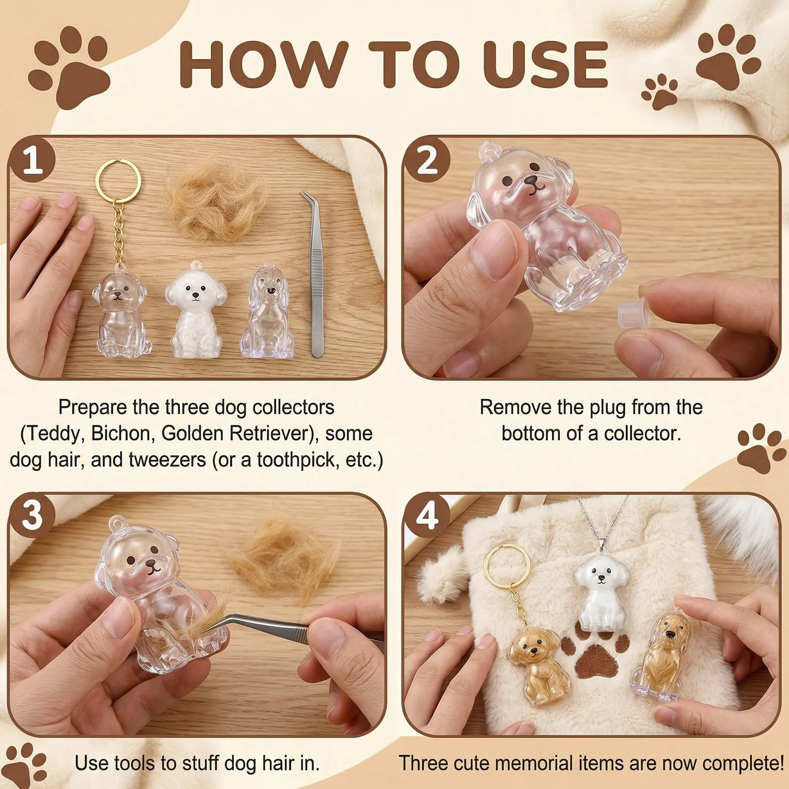 Set di 3 Ciondoli Porta Pelo Cane Ricordo, Mini Contenitore Commemorativo per Peli Animali (Teddy, Bichon e Golden Retriever), Souvenir Portatile in Plastica per Amanti dei Cani