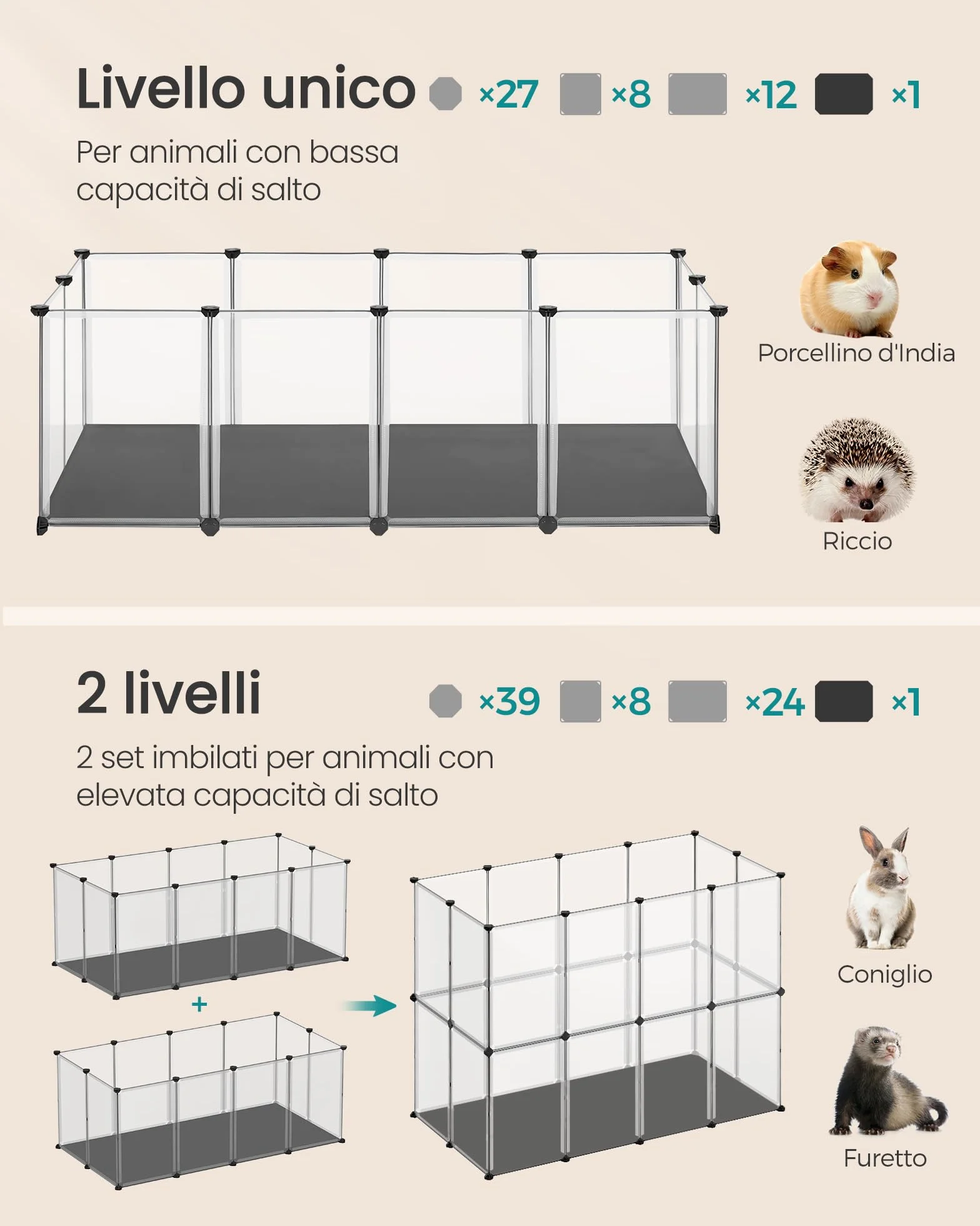 SONGMICS Recinto per Animali con Fondo e Tappeto Impermeabile e Rimovibile, Recinzione per Animali Piccoli, per Criceti, Conigli, Ricci, Porcellini d’India, 143 x 73 x 46 cm, Bianco LPC012W01
