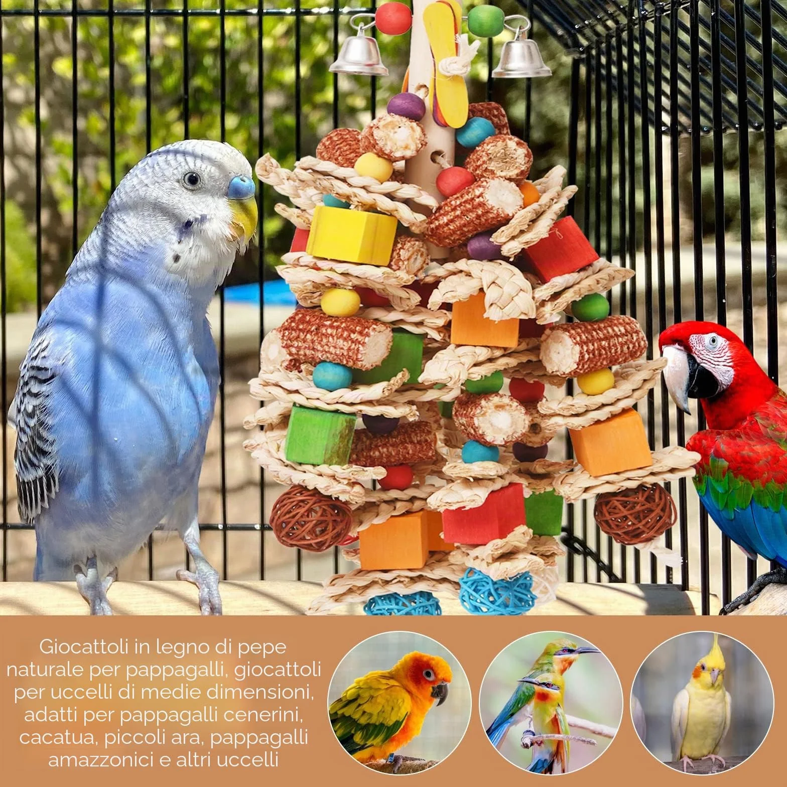 Giocattoli per Pappagalli in Corda con Campanelle per Gabbia da Masticare per Cockatiels e Pappagallini