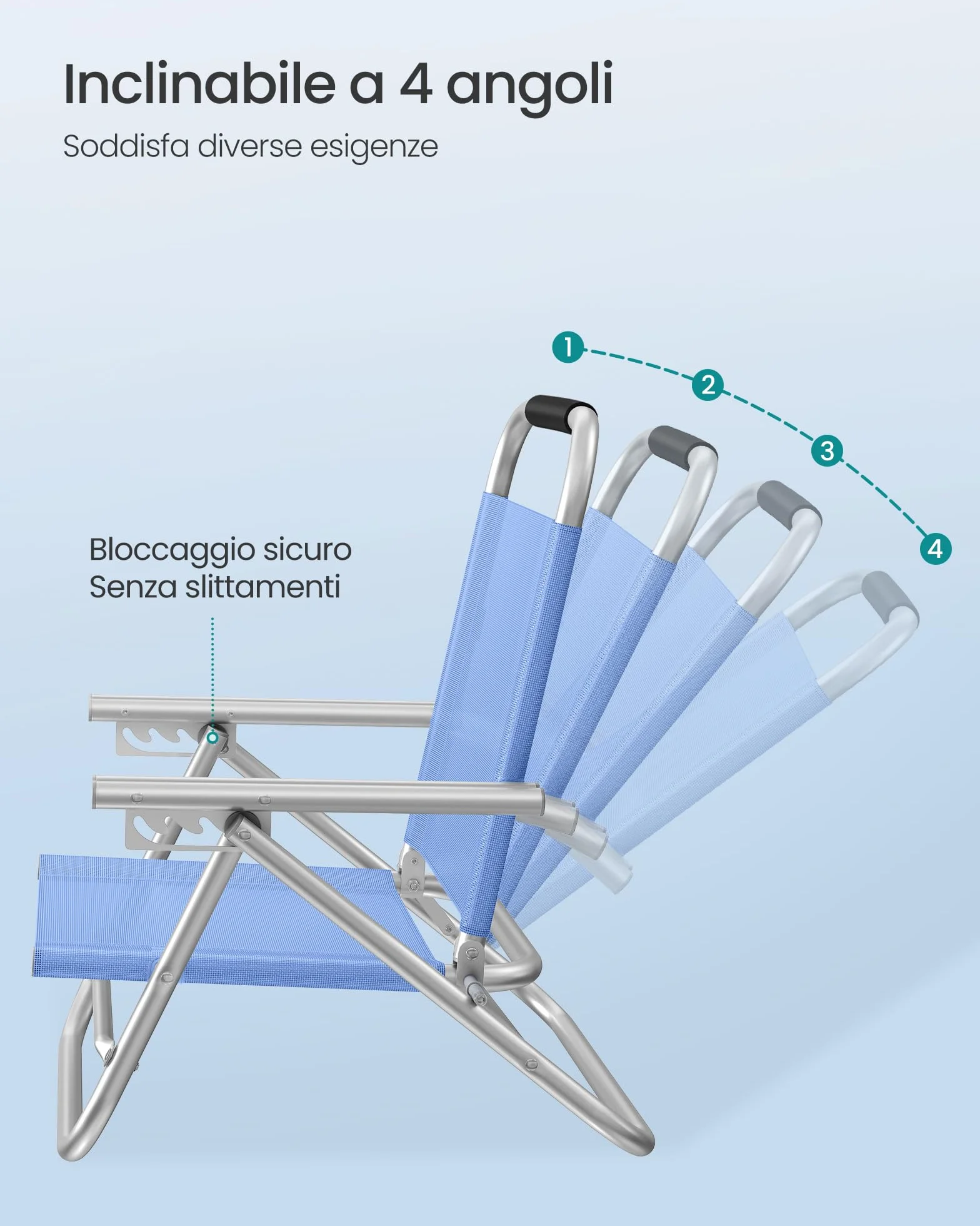 SONGMICS Sedia da Spiaggia Pieghevole Portatile Schienale Regolabile 4 Angoli Braccioli Traspirante Blu GCB65BU