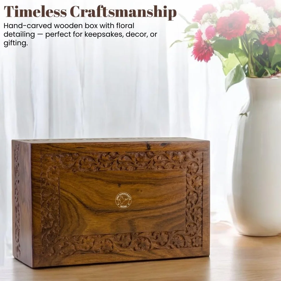 Scatola per urna in palissandro per ceneri umane per adulti, urna in legno fatta a mano con intagli floreali, regalo commemorativo (media: 17,8 x 12,7 x 8,9 cm, 90 cu)