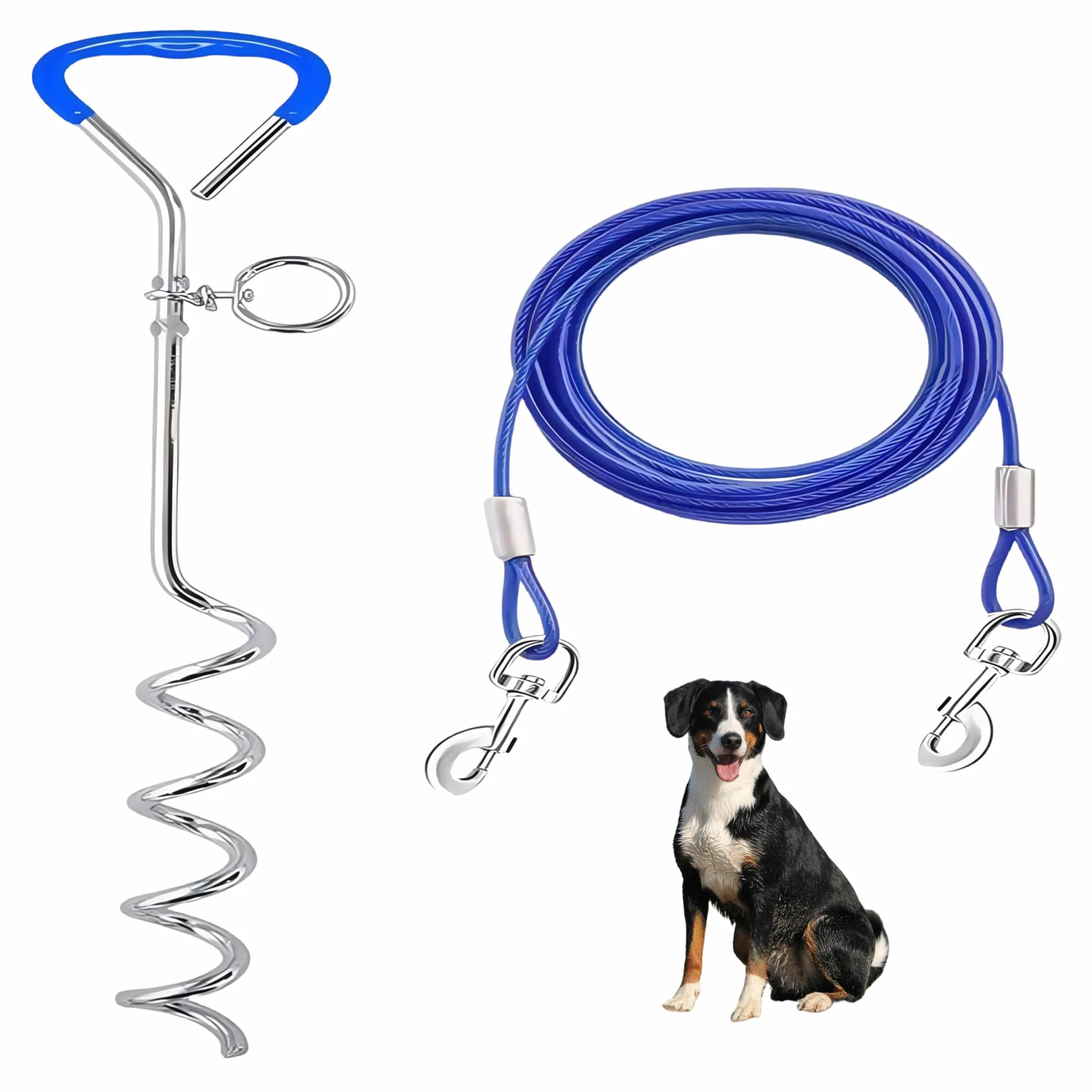 Picchetto Elicoidale A Terra,Picchetto a Spirale con Cavo,Kit Guinzaglio per Cani e Picchetto 3m Cavo per Legare Il Cane per Cani per Esterno, Cortile, Campeggio per Cani Piccoli E Medi (Blu)