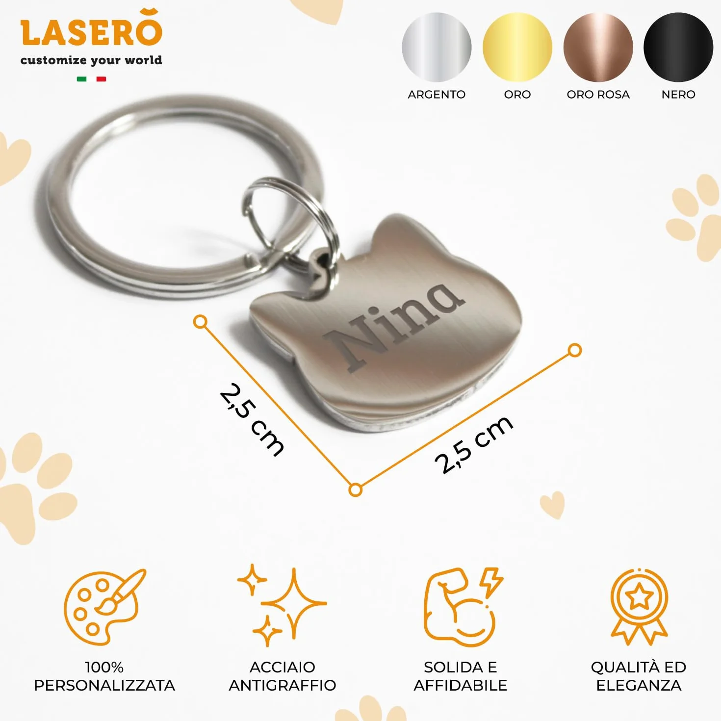 LASERO’ Medaglietta Gatto Personalizzata in Acciaio Lucido 2,5x2,5cm – Targhetta Gatto con Incisione Laser di Nome e Dati – 4 Colori (Rosa/Argento/Nero/Oro) – Targhetta Identificativa per Collare