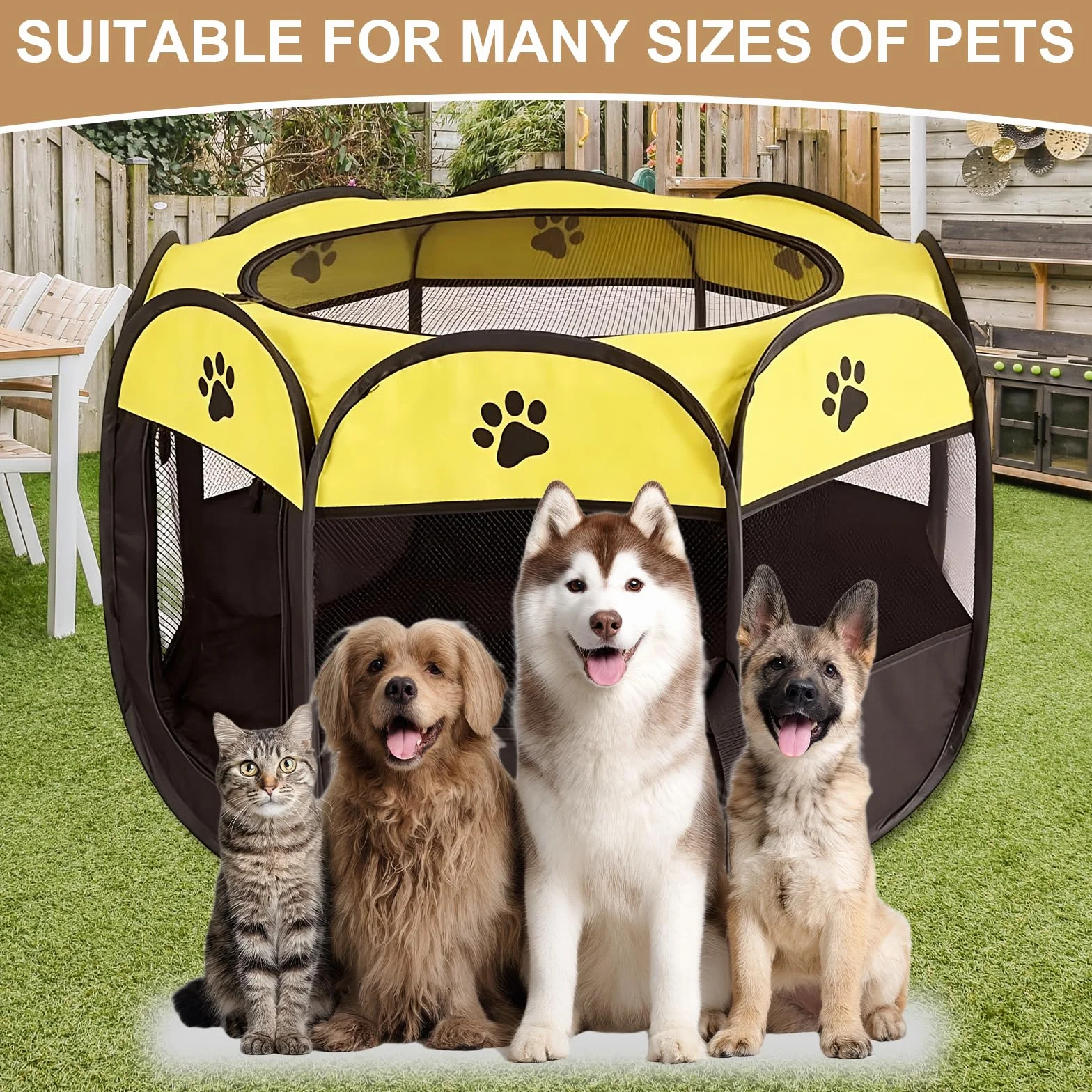 Recinto per Cani da Interno, Portatile Box Cani per Interno ed Esterni, Box Pieghevole per Cane e Gatti, Kennel Cane Piccolo, Gabbia per Gatto, Cucciolo Conigli, 74 x 74 x 43 cm (Giallo)