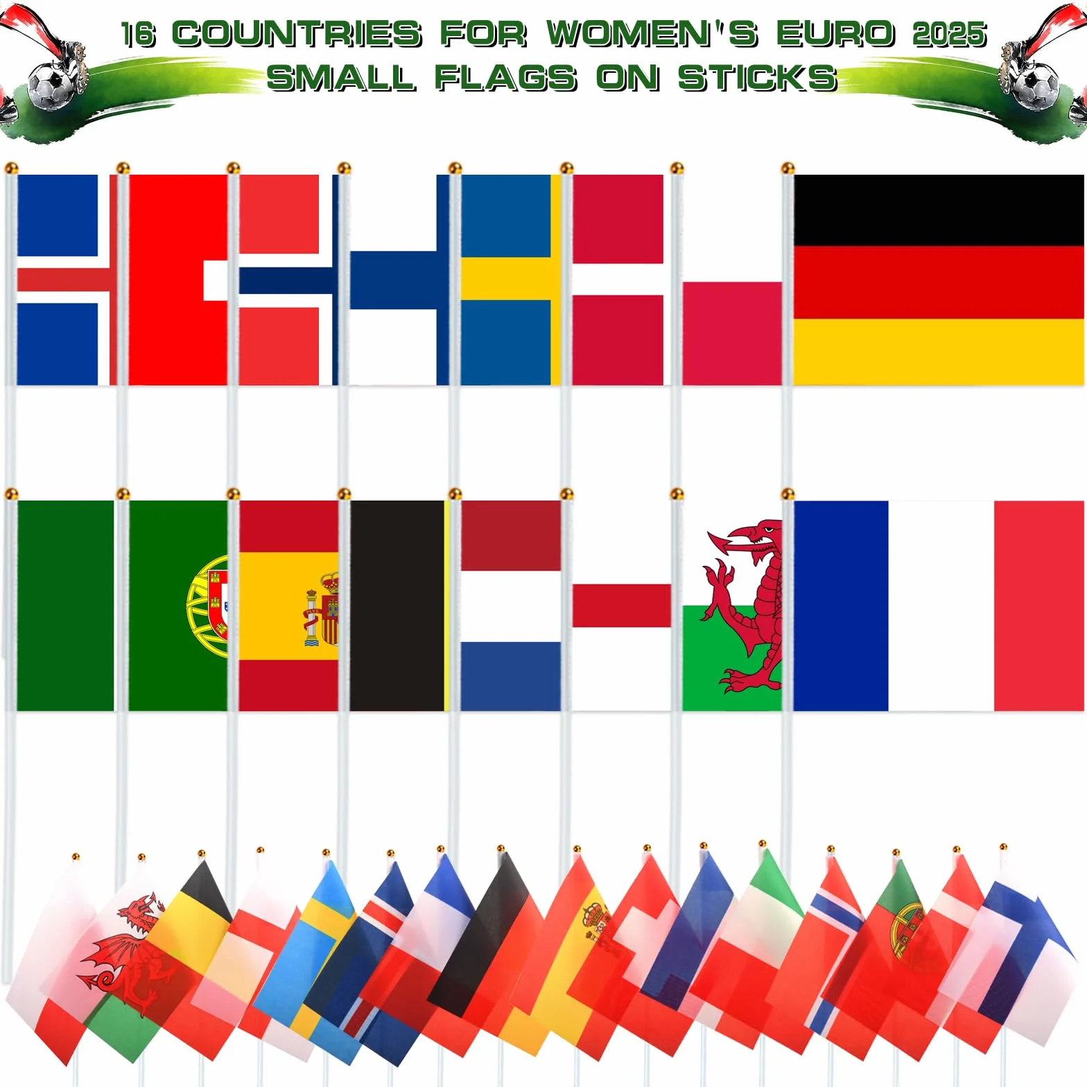 AhfuLife Europee Calcio Femminile 2025 Bandiera, Euro Calcio Bandiere con Maniglia - 16 Paesi Partecipanti