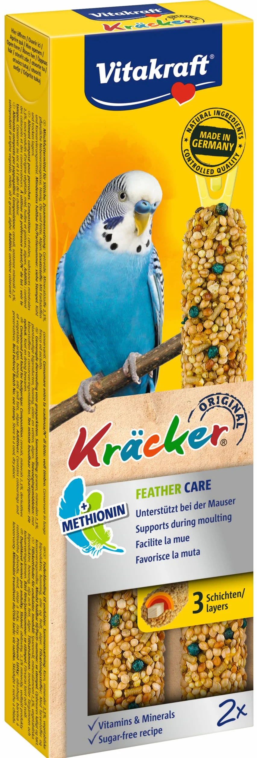 Vitakraft Kräcker, a sostegno della muta, per la muta, bastoncini da sgranocchiare per pappagallini ondulati, con vitamine e minerali, senza zuccheri aggiunti (10x 60g)
