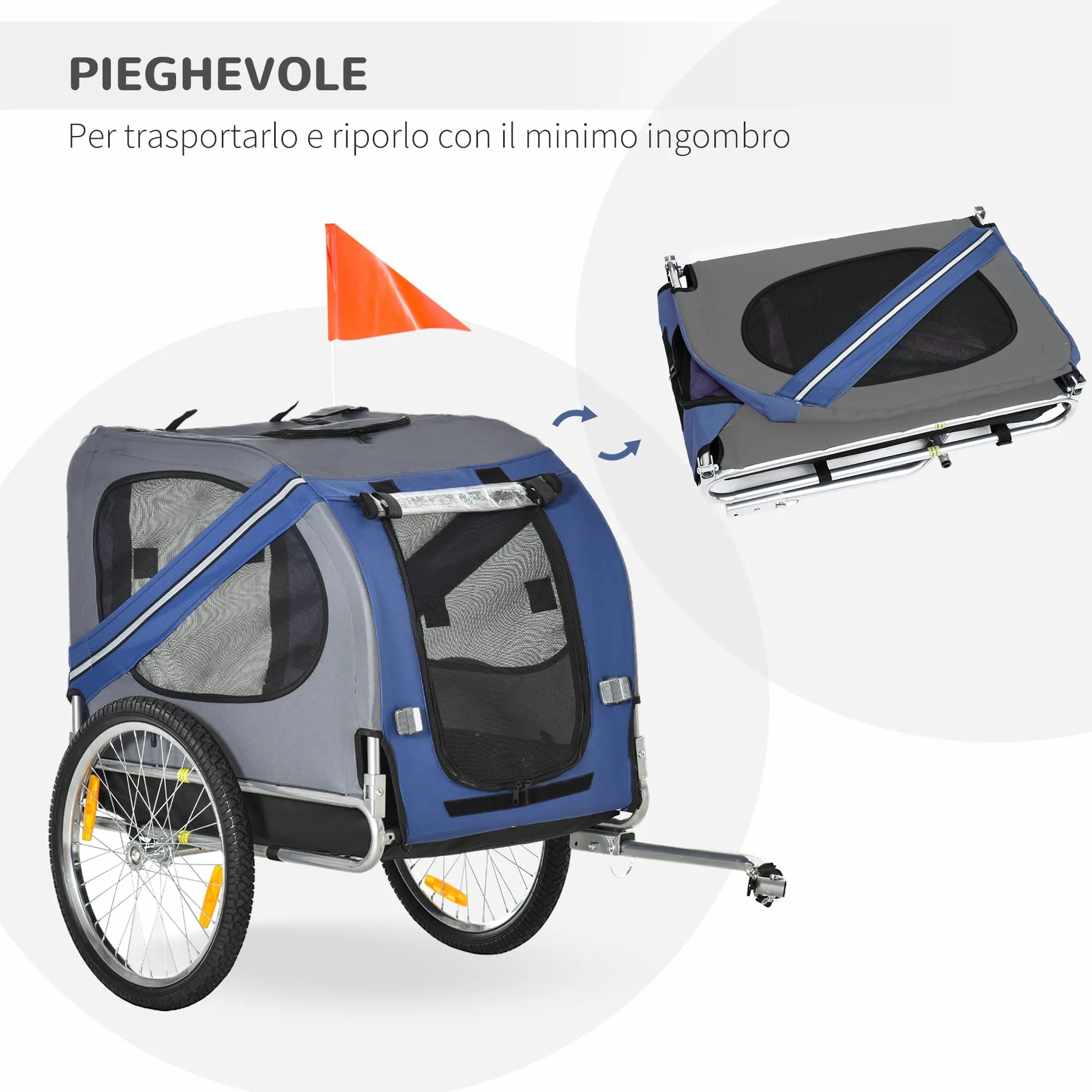 PawHut Rimorchio da Bicicletta per Cani e Gatti 2 Grandi Ruote da 50cm Buona Ventilazione Bandiera di Sicurezza Resistente alle Intemperie Acciaio e Tessuto Oxford