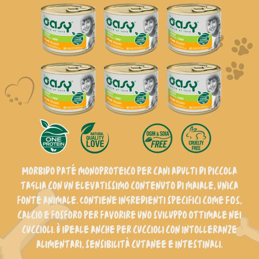 Oasy umido cane adulto monoproteico, alimento completo per cani adulti di taglia piccola (small) gusto MAIALE | 6 scatolette da 200 grammi l’una.