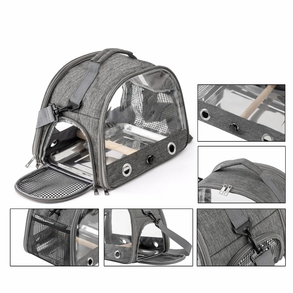 Contenitore per il trasporto per uccelli, con asta e vassoio in acciaio inox, traspirante, pieghevole, per piccoli uccelli, borsa da viaggio per piccoli animali, per viaggi, escursioni