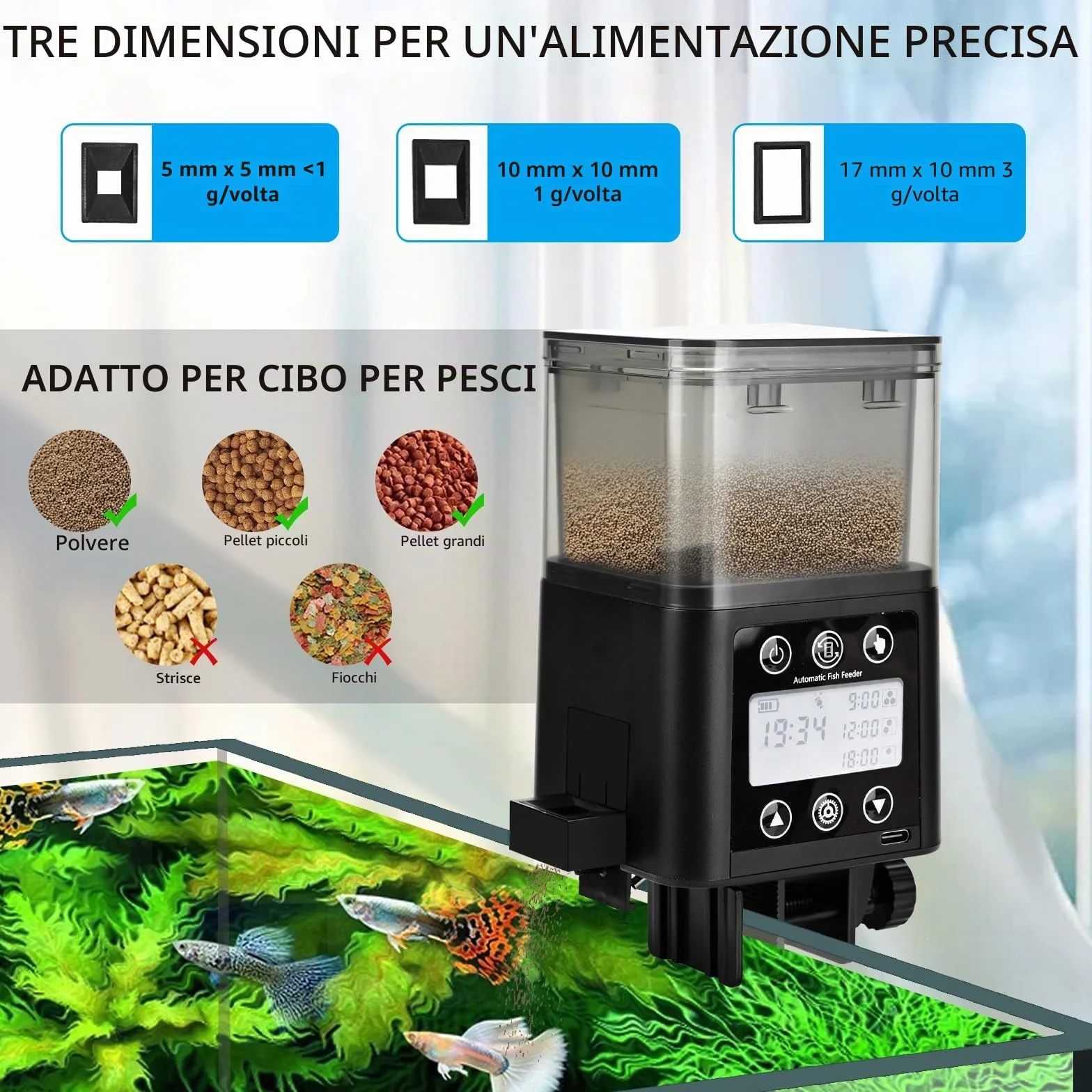 Podazz Alimentatore automatico per pesci, ricaricabile, con timer, con display LCD, 320 ml, alimentatore elettrico per pesci a prova di umidità, per il fine settimana in vacanza