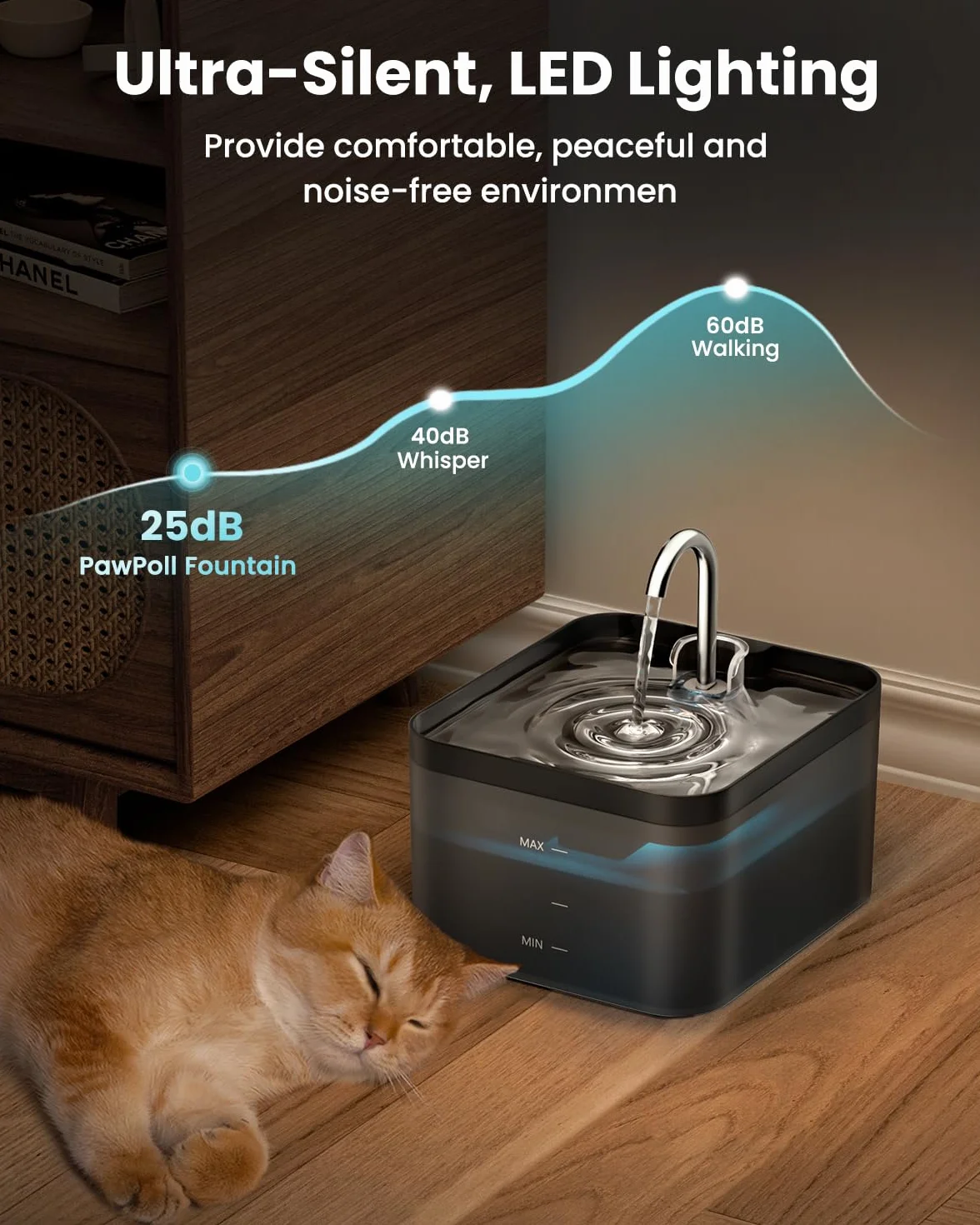 PawPoll Fontanella per Gatti, 2,2L Fontana per Gatti, Ultra Silenzioso, Facile da Pulire, Fontanella Gatto con LED e Filtro a Carbone Attivo, Adatto a Più Animali Domestici