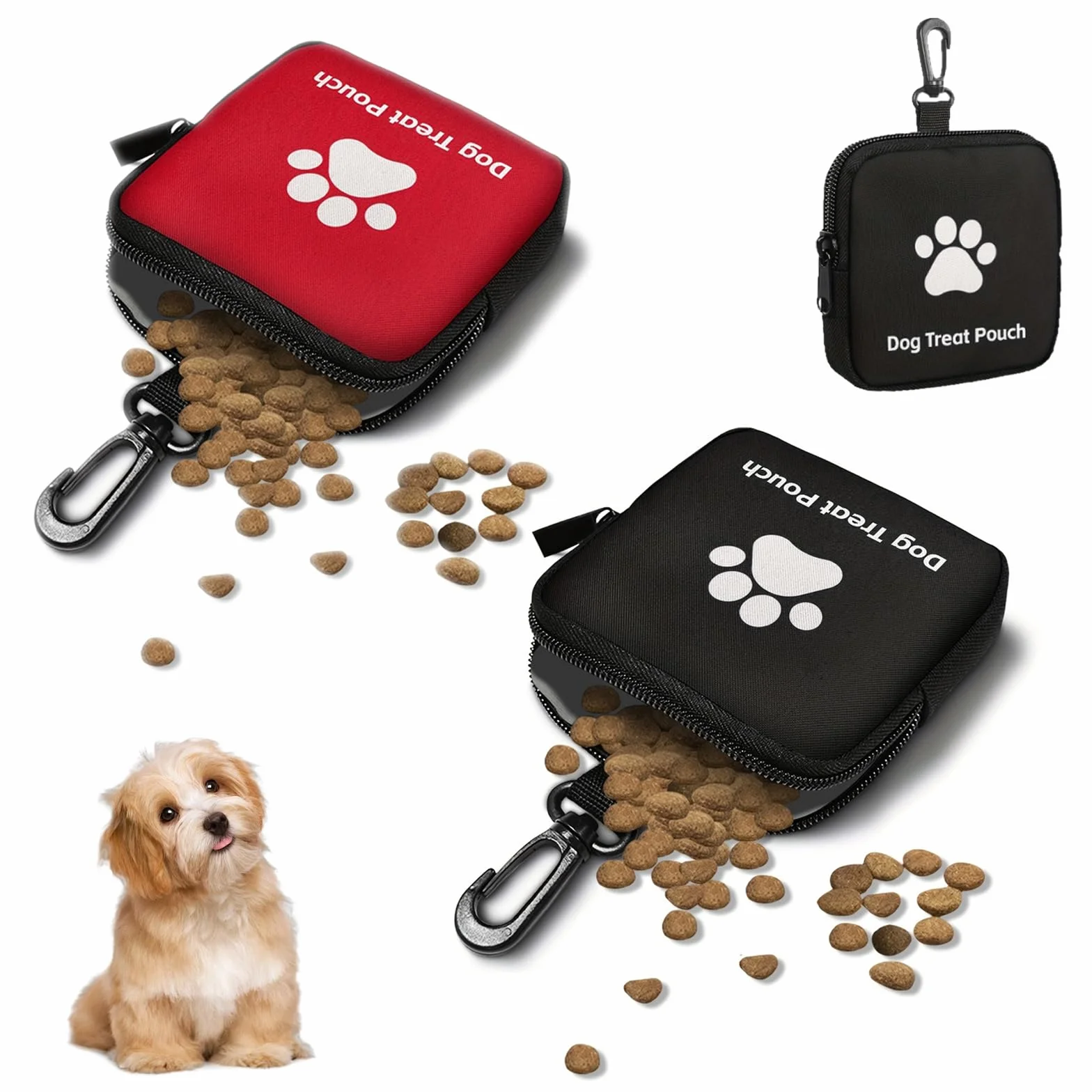 2 Pezzi Porta Premietti per Cani Borsa, Borsa Addestramento Cane Porta Premietti per Cani con Cerniera e Moschettone, Portas Croccantini Cane, per Viaggi, Uso Esterno (Rosso, Nero)