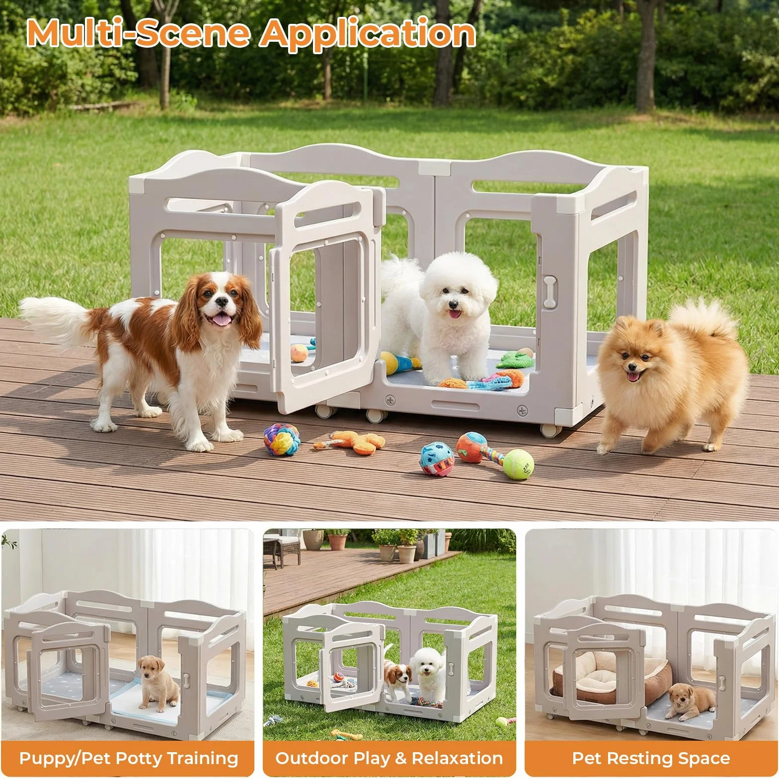 MAMIZO Recinto per Cani Acrilico 126 × 68 cm, Box per Cuccioli con Ruote e Base, Box per il Parto Cani con Cuscinetto Impermeabile, 5+1 PCS Pannelli Parco per Cani adatto Appartamento, Grigio Caldo