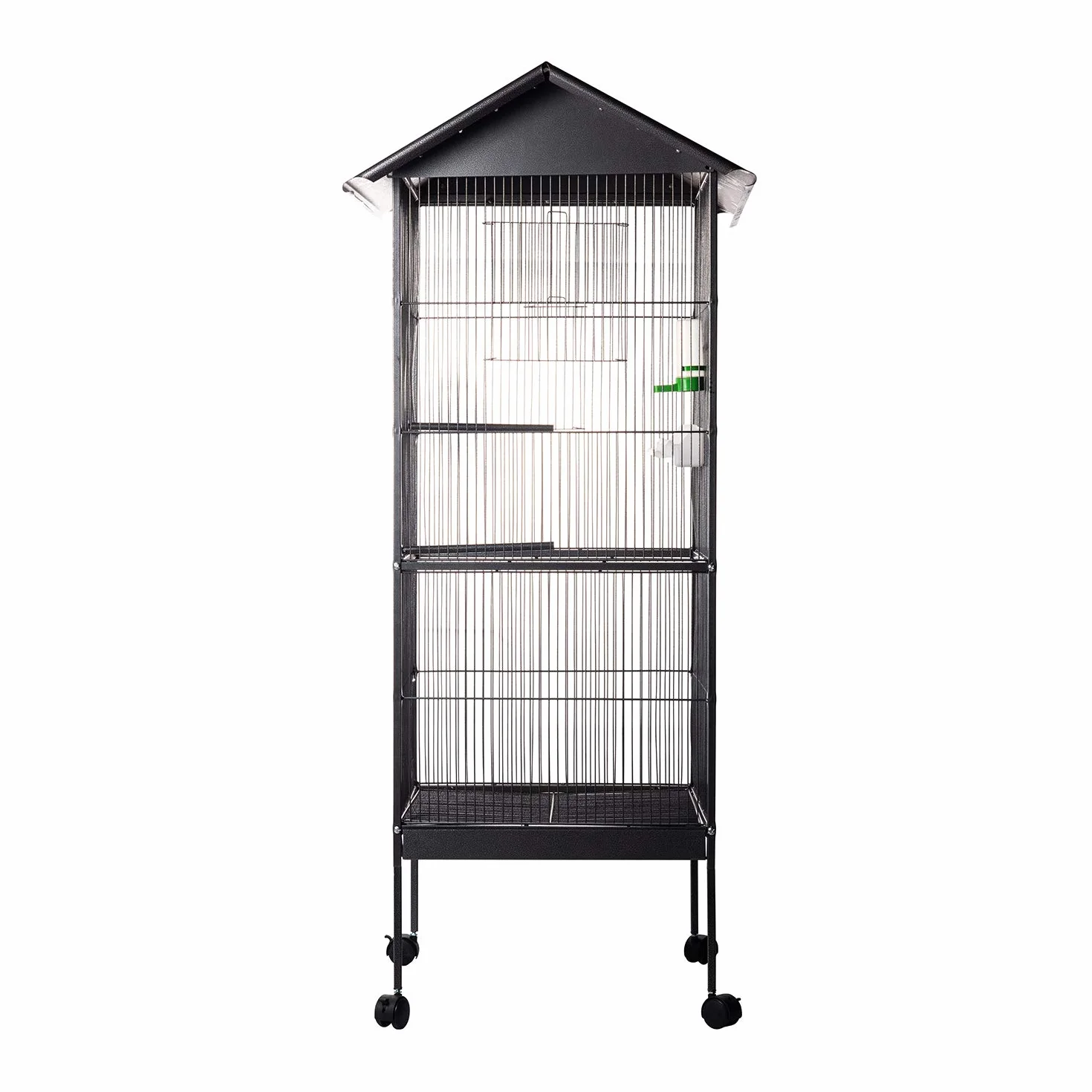 Aqpet Voliera con Tetto per Uccelli Grandi e Canarini, Gabbia in Metallo con Piedistallo e Ruote, Adatta per Interno ed Esterno, Dimensioni 157x52x52 cm, Nero