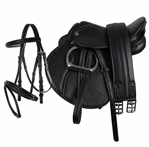 Pony Power - Sella da 33 cm, in ecopelle, set completo, colore: Nero