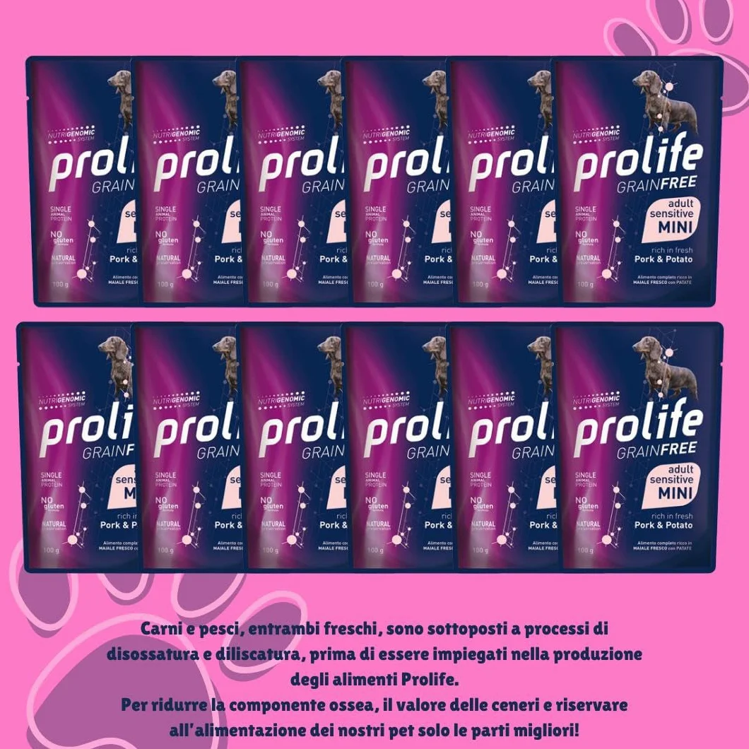 Prolife umido per cani monoproteico sensitive grainfree adult mini MAIALE e PATATE 100g | 12 bustine da 100g l'una.