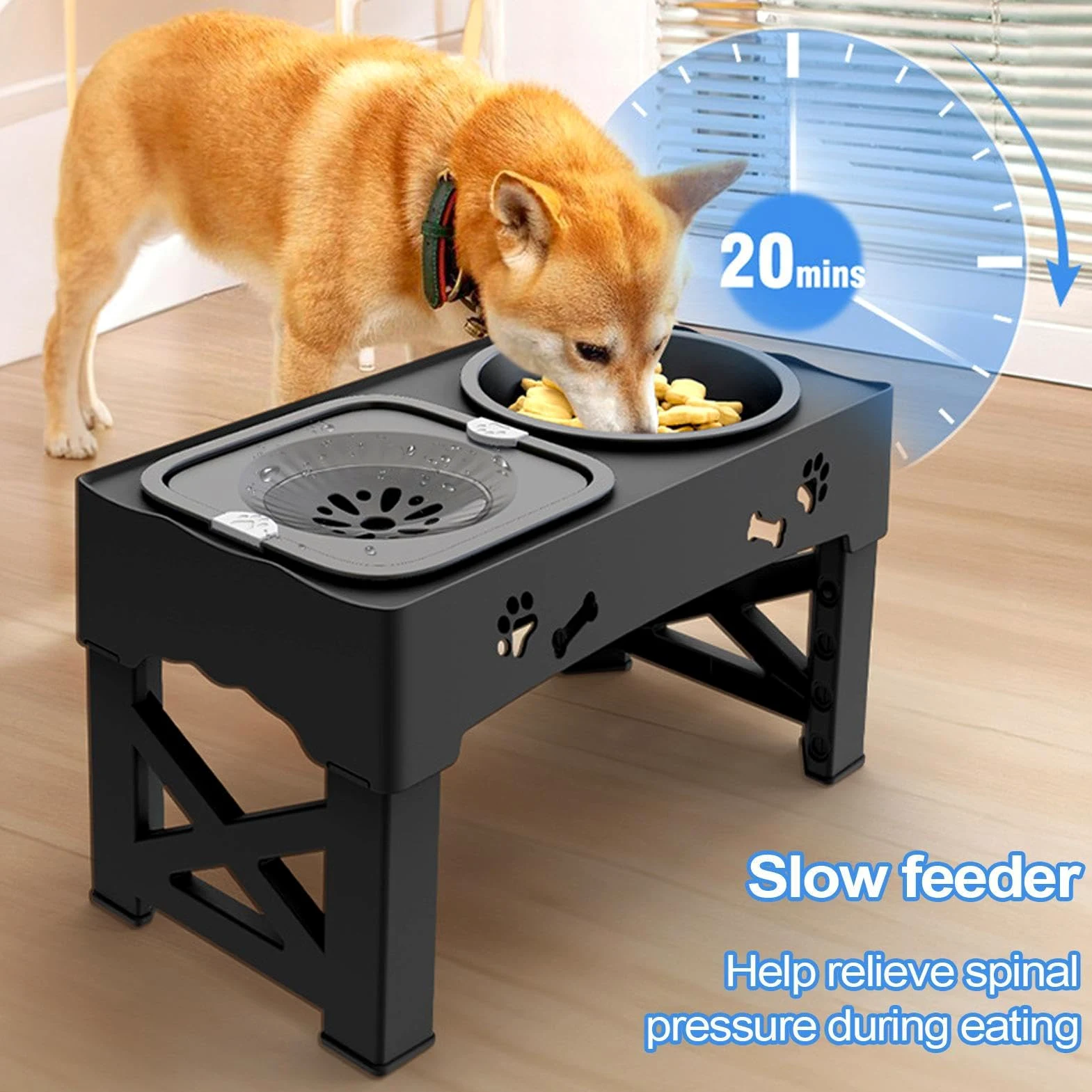 Mangiatoia a doppia ciotola per cibo lento per animali domestici, distributore di acqua per animali domestici, 42 x 24 x 8 cm, facile da pulire, mangiatoia e dispenser d'acqua per cuccioli di piccola