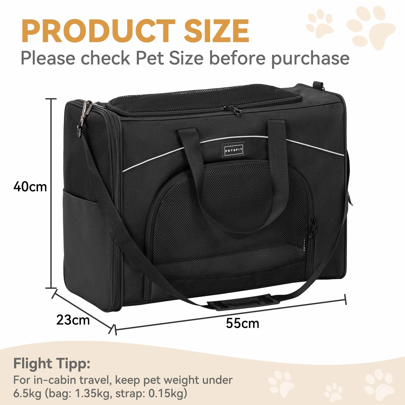 Petsfit Borsa per il trasporto di gatti e cani, aeroplano | borsa per cani e trasportino gatto | borsa aerea per animali domestici | trasporto sicuro in auto, aereo e treno, L/nero