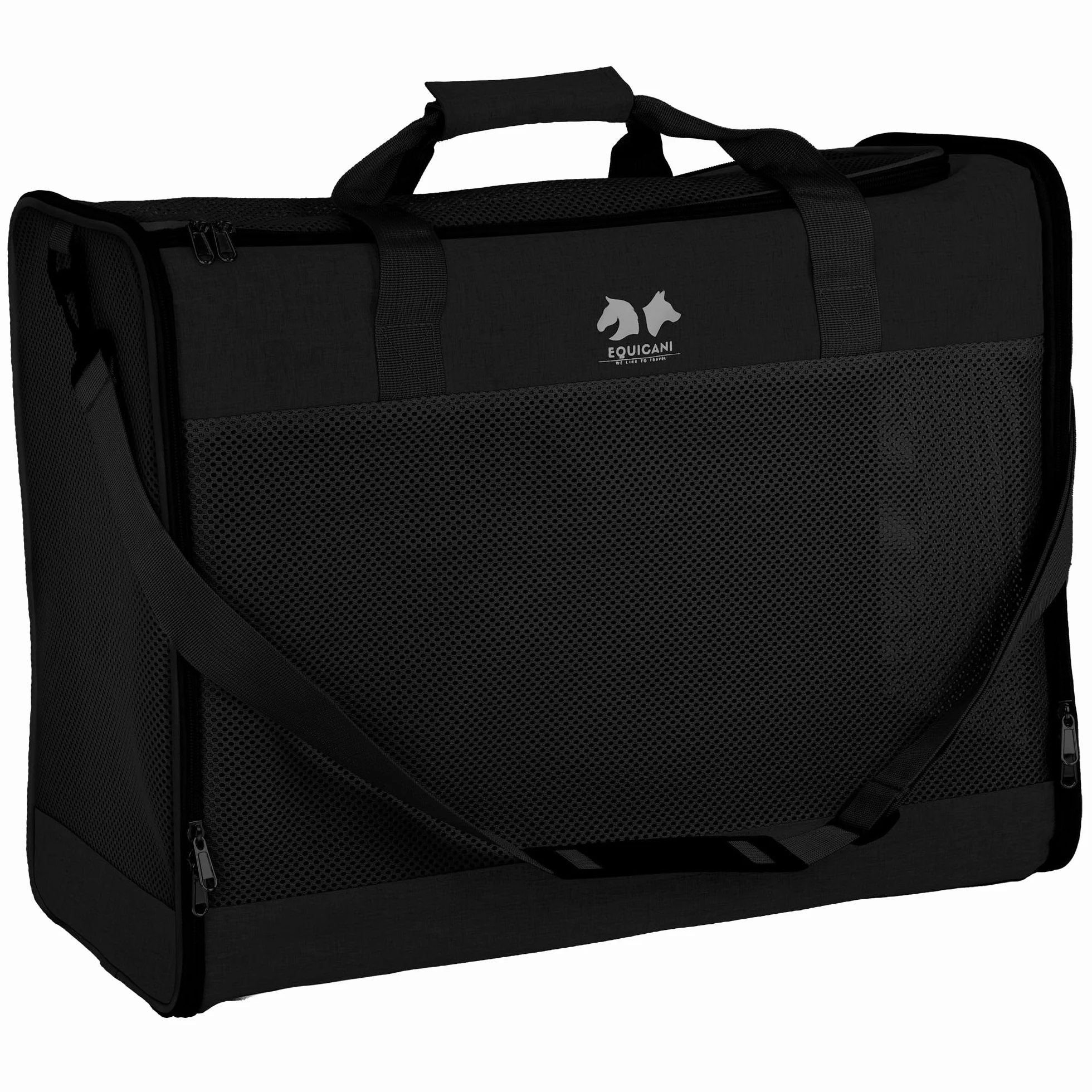 Equicani® Borsa per cani 55x40x23 cm, pieghevole, leggera, con tessuto a rete, tracolla e fondo rimovibile per cane e gatto | Borsa per il trasporto di animali domestici per viaggi, auto, aereo (Nero)