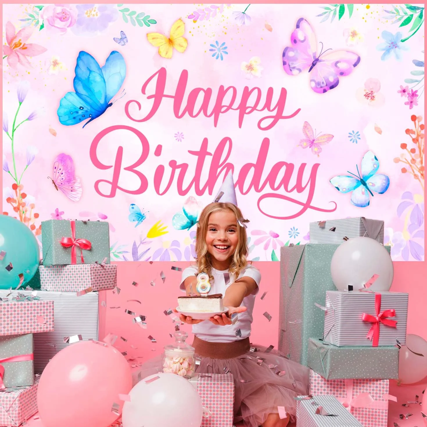 Farfalla Buon Compleanno Sfondo, 71'' x 43'' Sfondo Floreale e Farfalla Festa di Compleanno per Decorazione di Compleanno a Forma di Farfalla
