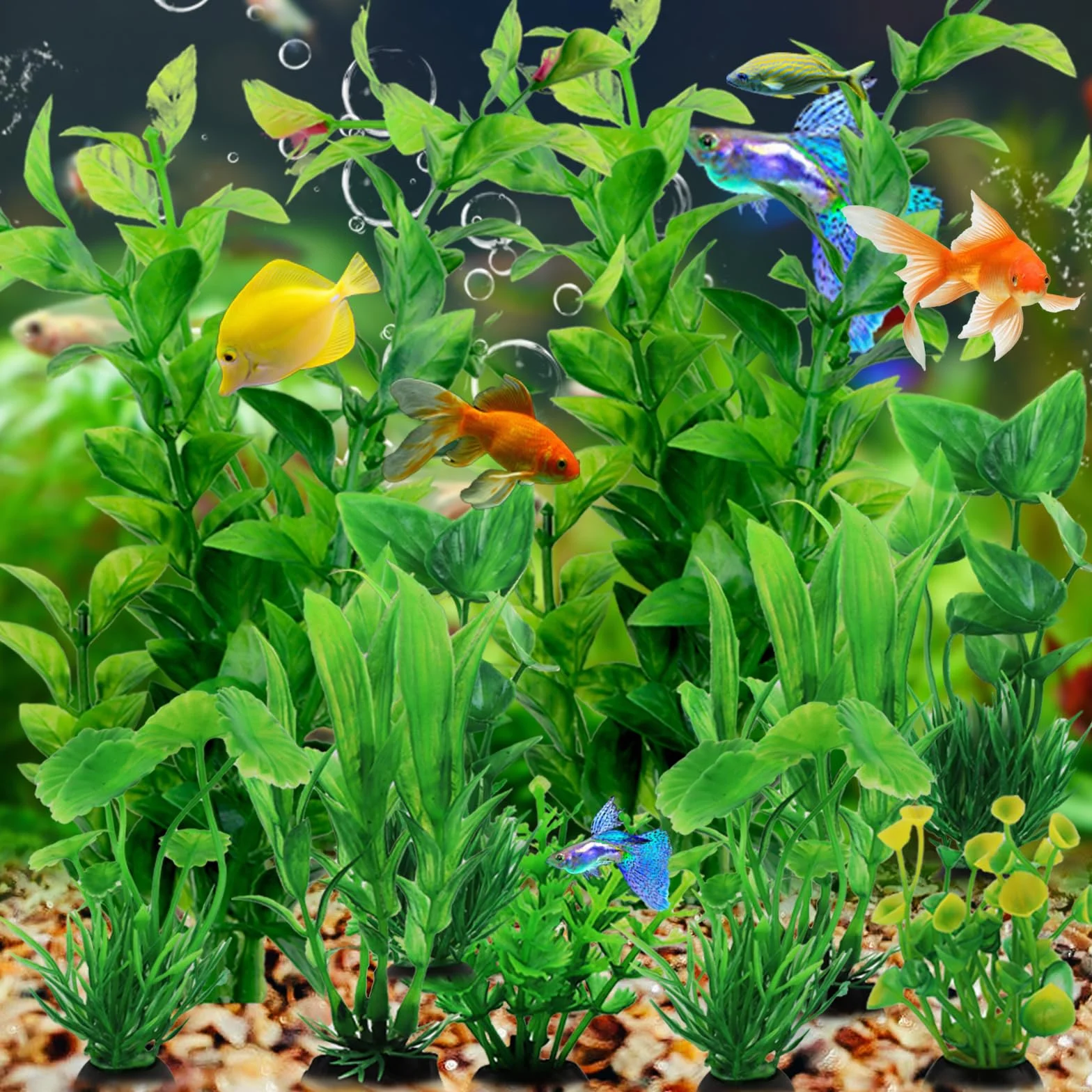 QUOZUO Decorazioni per Acquario, 10 verdi Piante Artificiali Acquario Ornamenti kit, Pianta decorazione in plastica, Accessori per Acquario