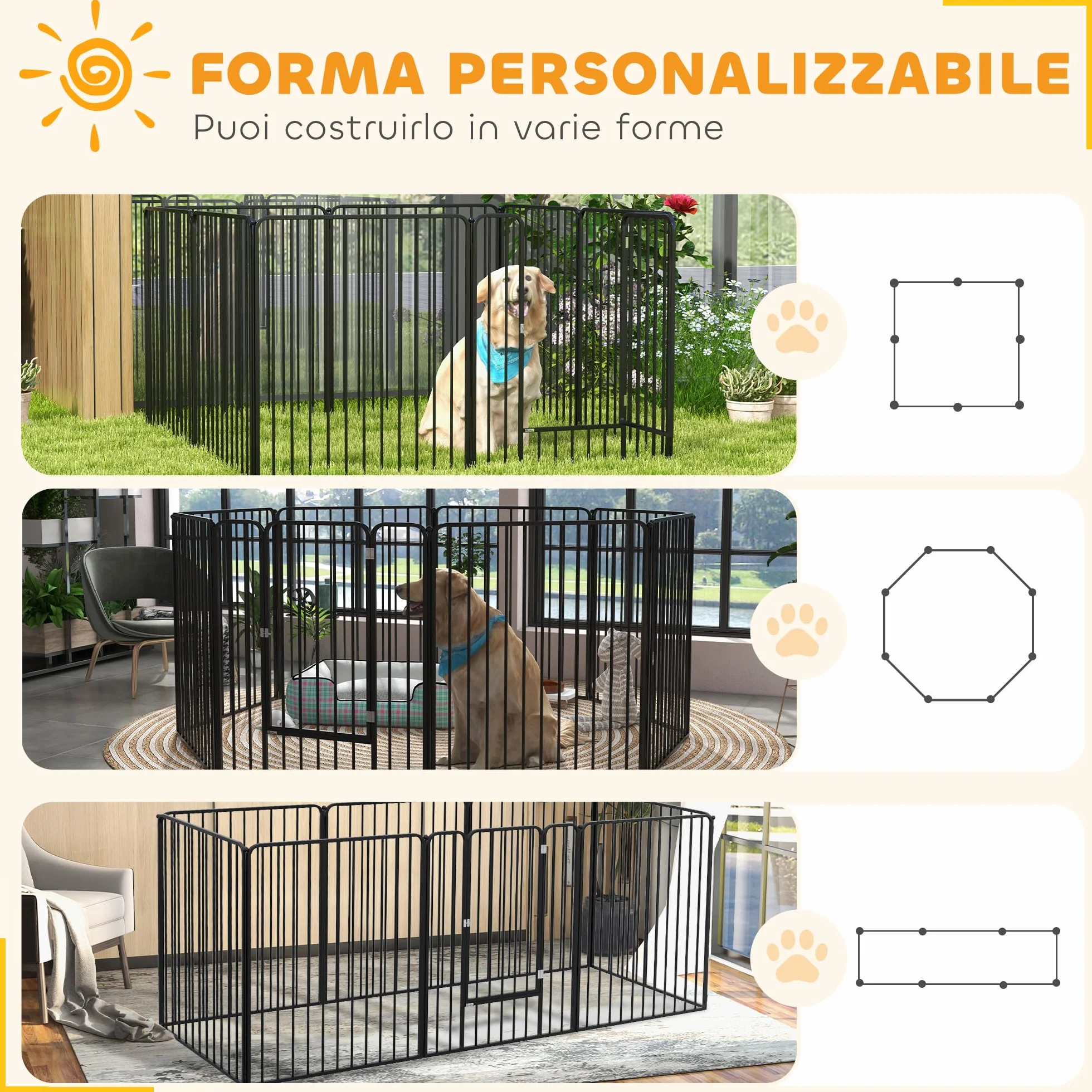 PawHut Box per Cani Taglia Piccola, Media e Grande a 8 Pannelli Modulabili da Interno ed Esterno, Cancello per Cani in Acciaio con 9 Picchetti, 164x164x100 cm, Nero