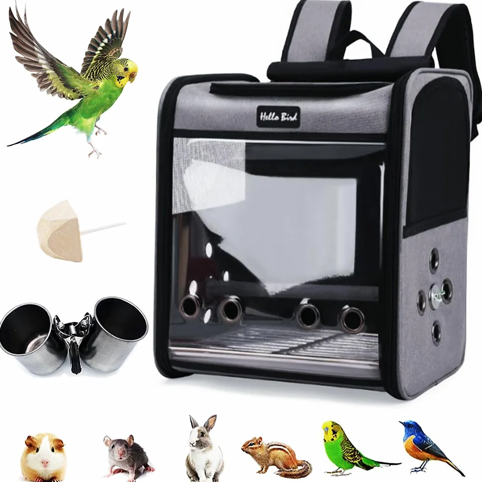 Zaino per gabbia per uccelli con asta in piedi, grande gabbia da viaggio per animali domestici con bicchieri in acciaio inox, 1 vassoio di plastica, 1 molare, pieghevole, per uccelli, pappagalli