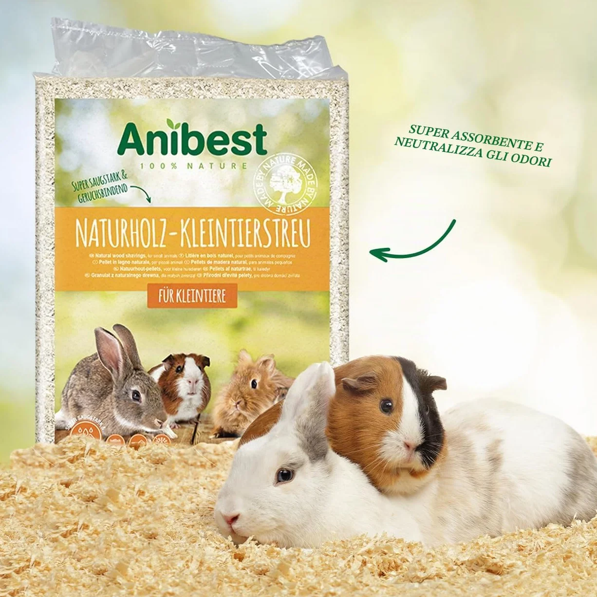 Anibest - Lettiera per piccoli animali, 100% naturale, per conigli, criceti, porcellini d'India, trucioli di legno morbido assorbente, privo di polvere e inodore, 3,2 kg/60 l